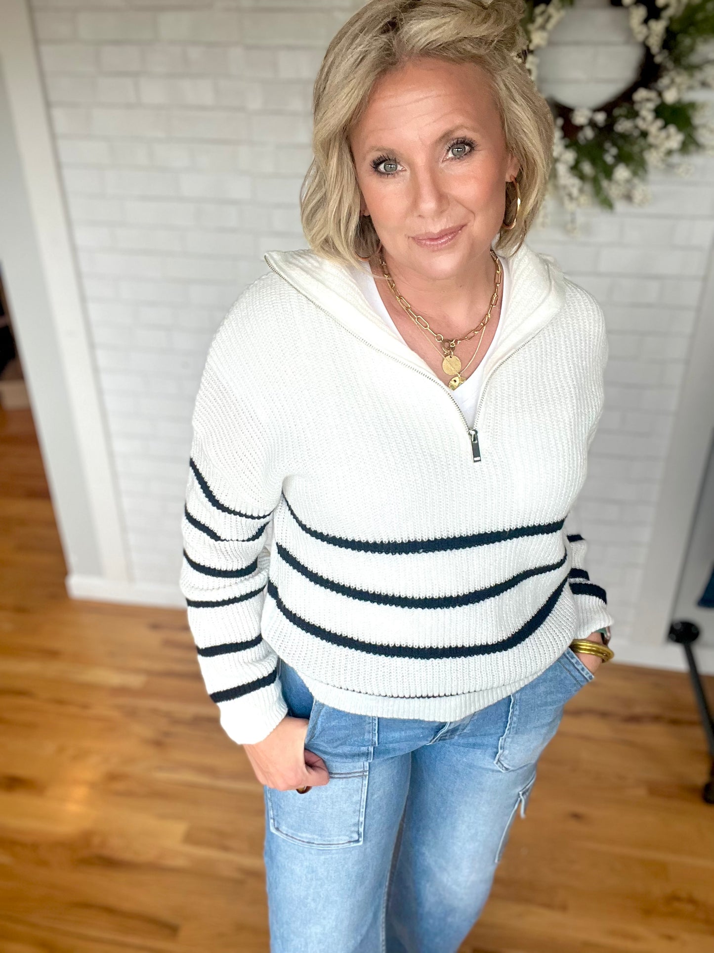 Striped Quarter Zip - White