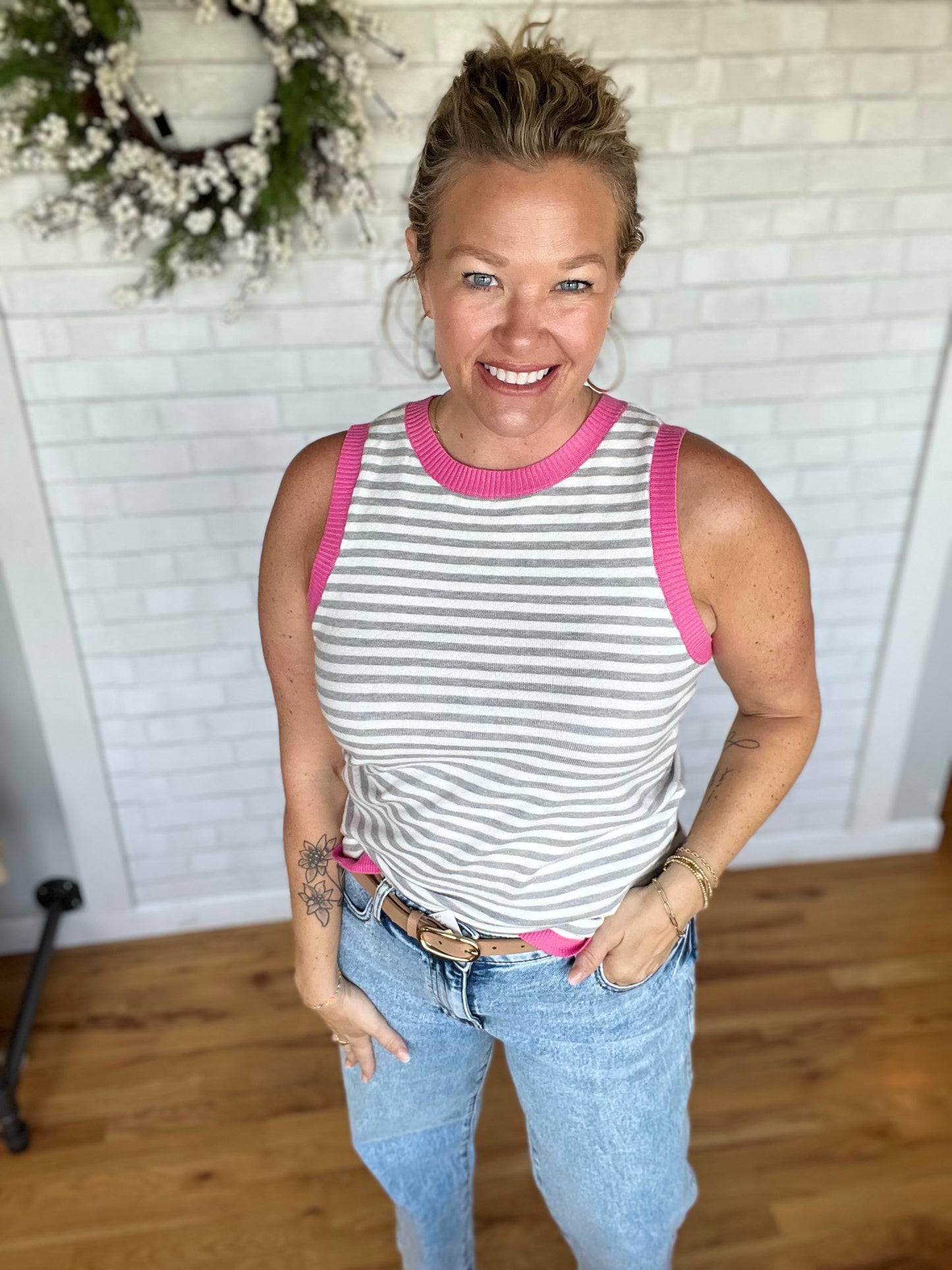 Color Tipped Tank - Fuschia/Grey