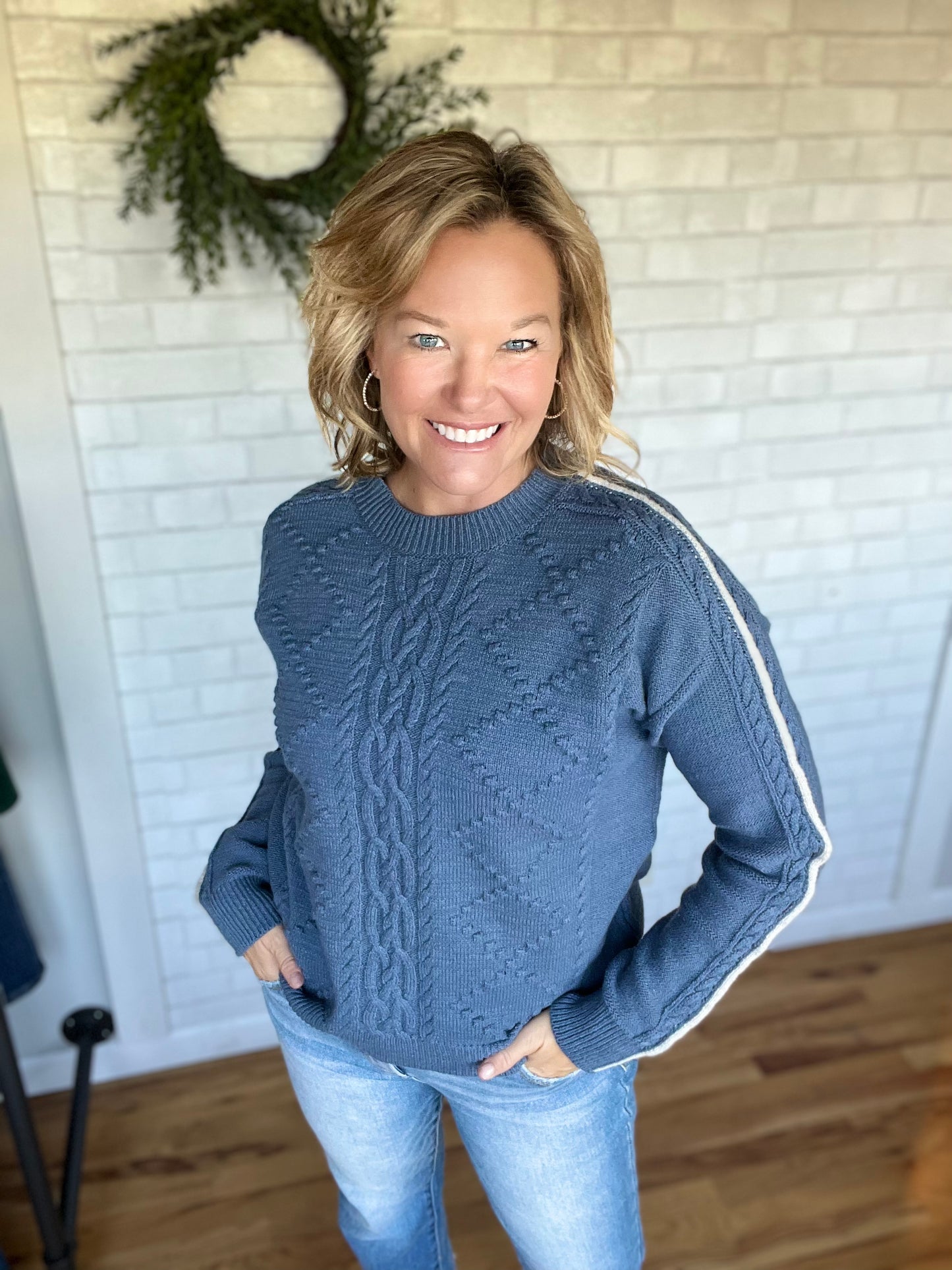 Petra Piped Sleeve Sweater - Denim Blue