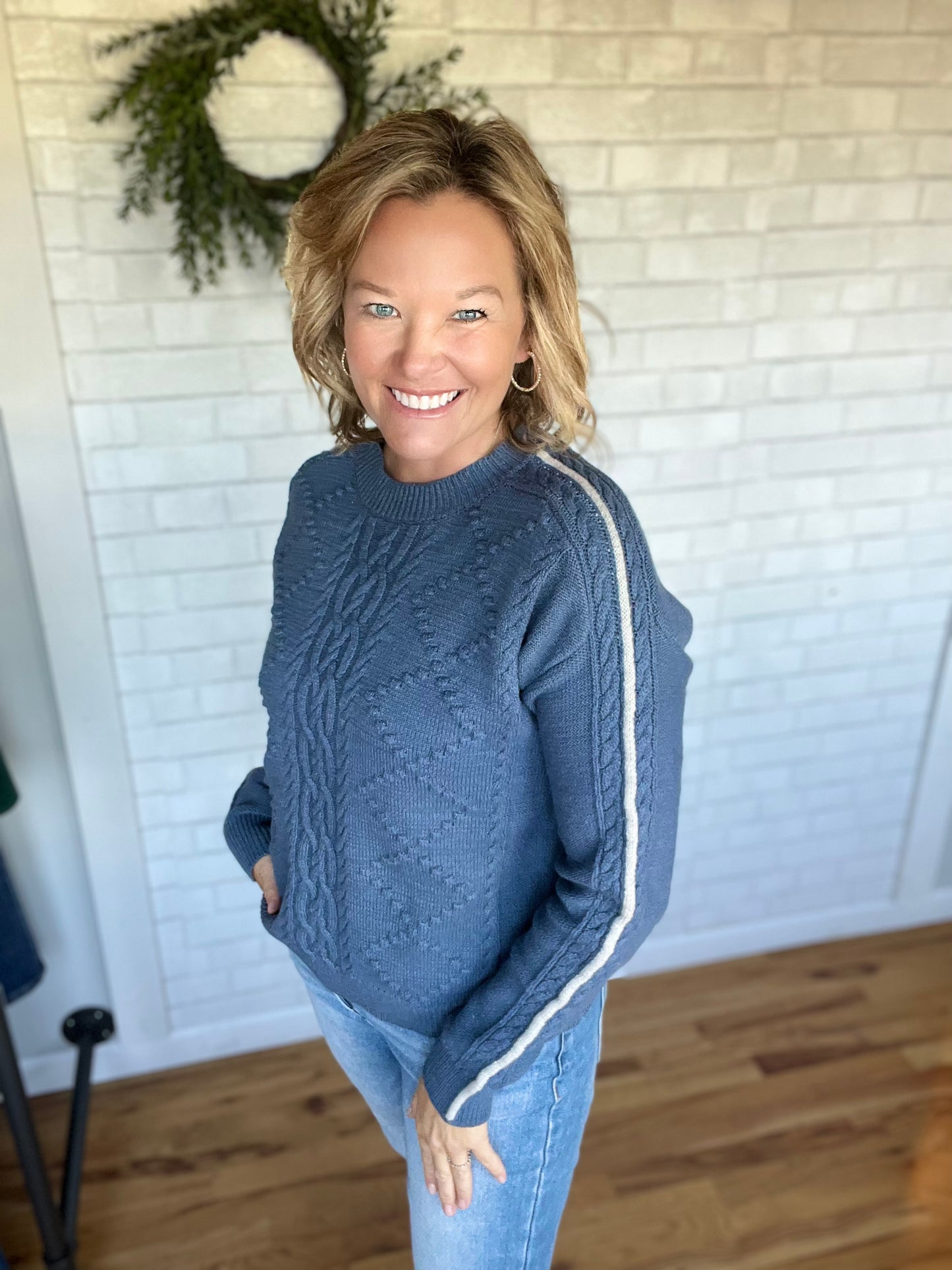 Petra Piped Sleeve Sweater - Denim Blue