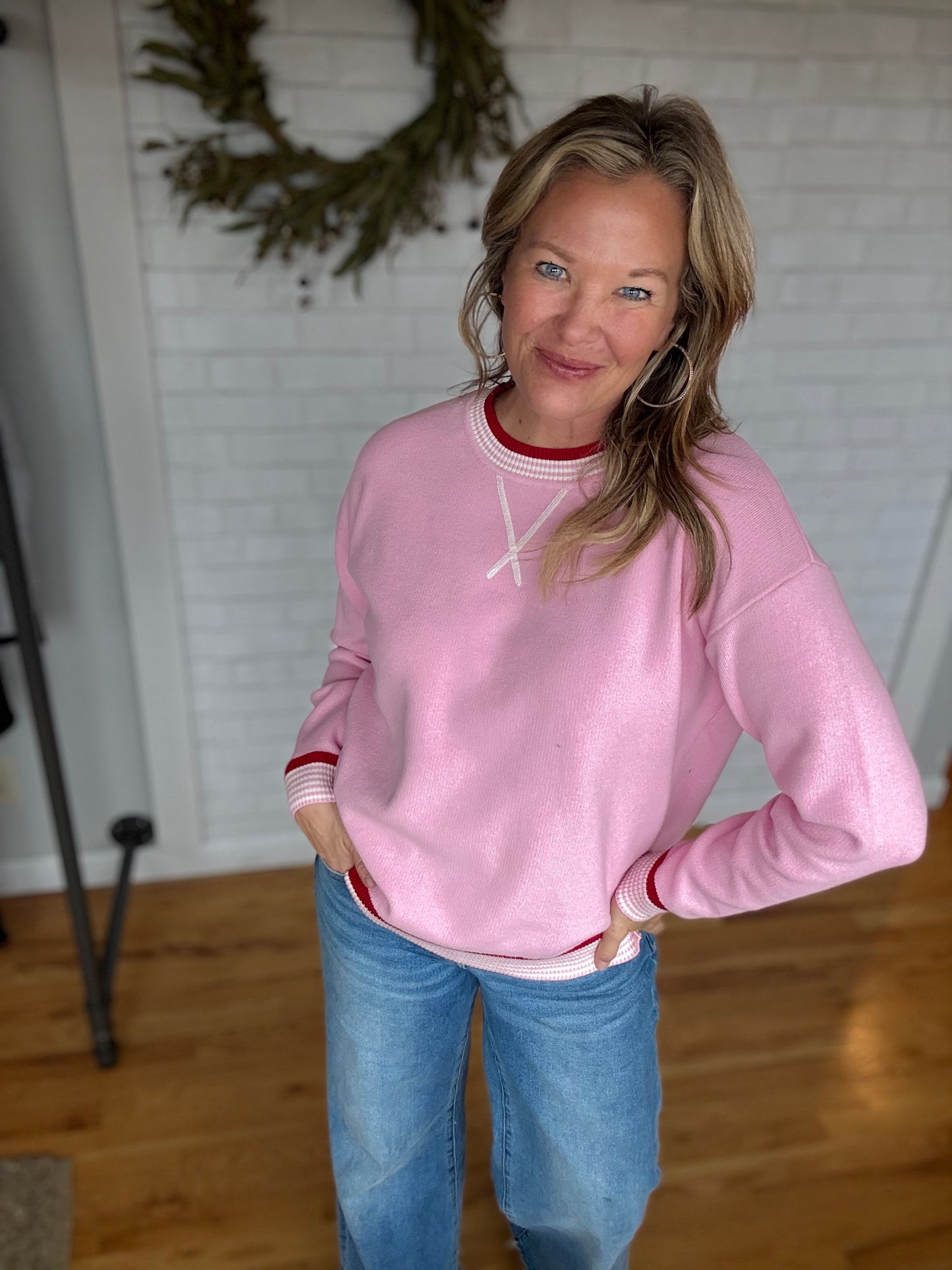 Varsity Trim Sweater - Pink