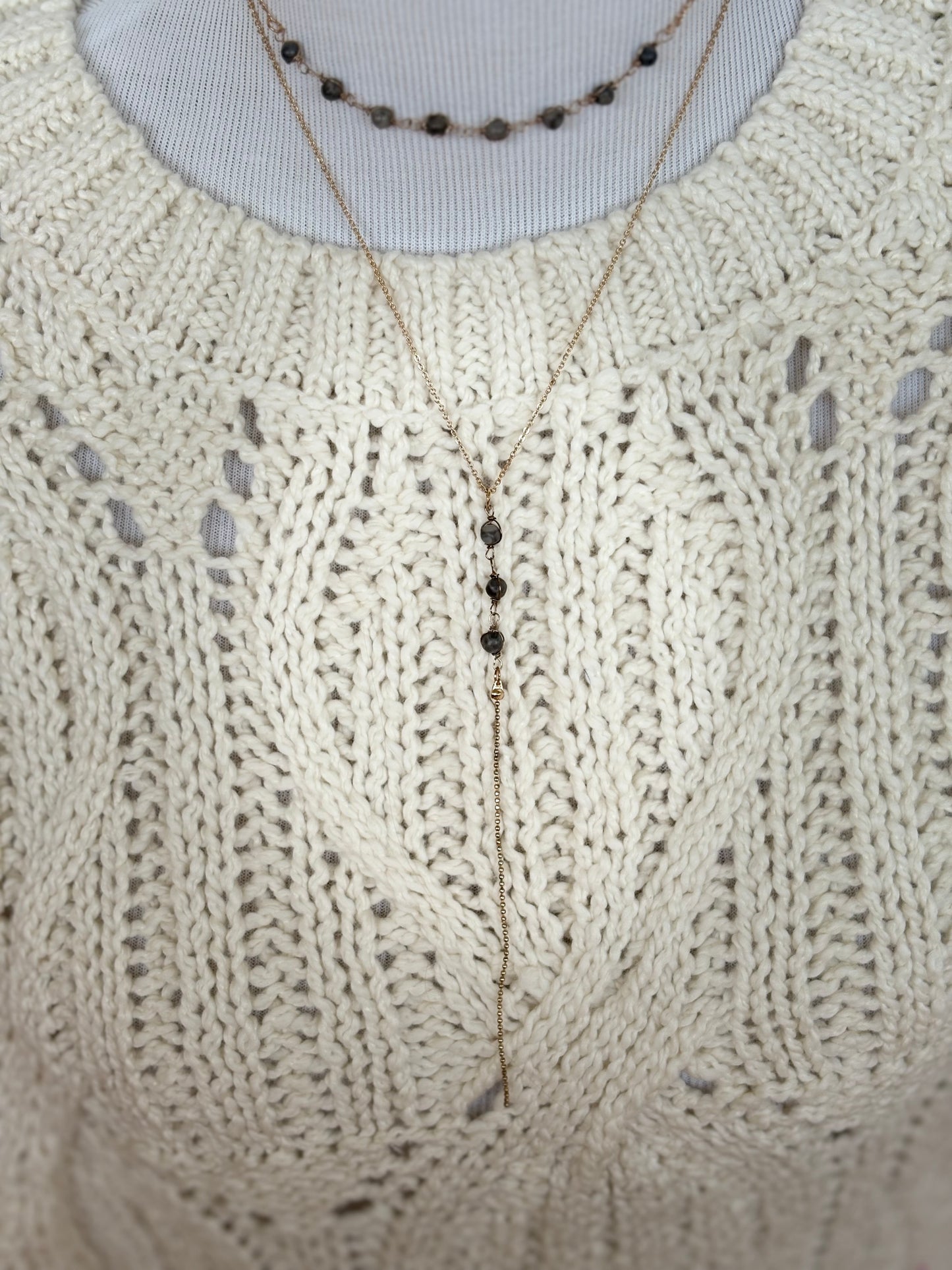 Gold & Gray Beaded Lariat Necklace