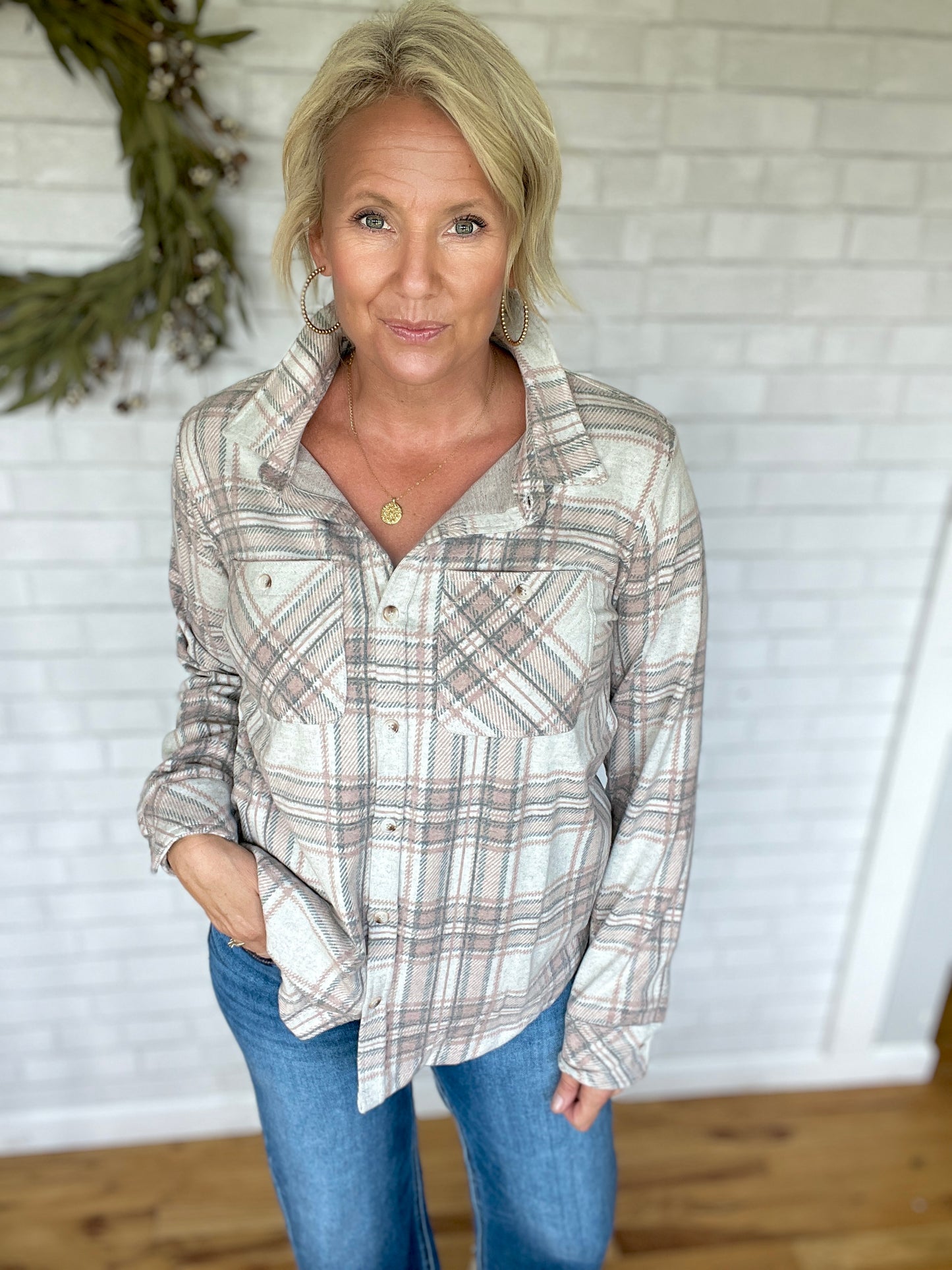 Super Soft Button Up - Pink, Grey, & Tan