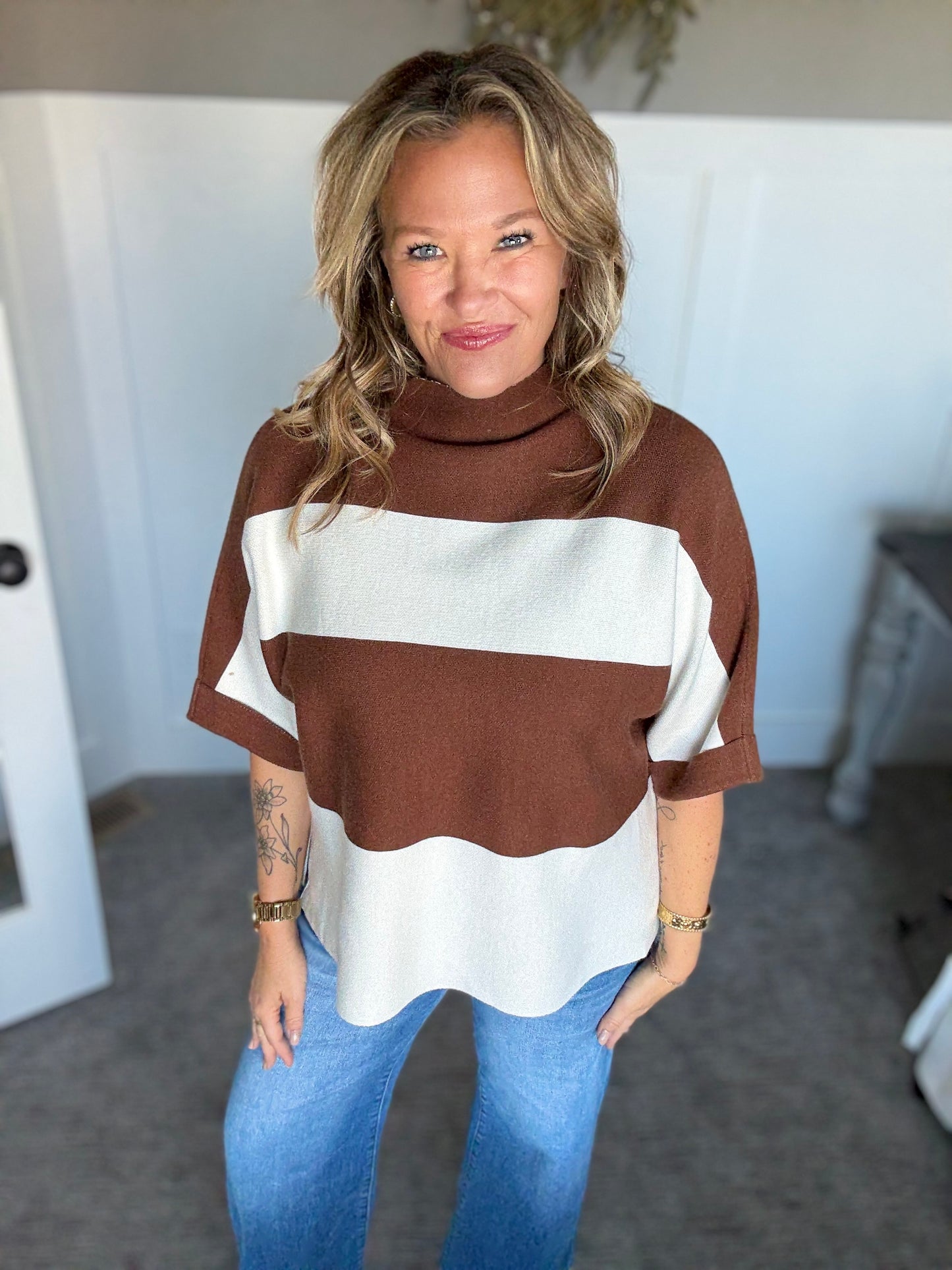 Mia Mock Neck Sweater -Brown Stripe