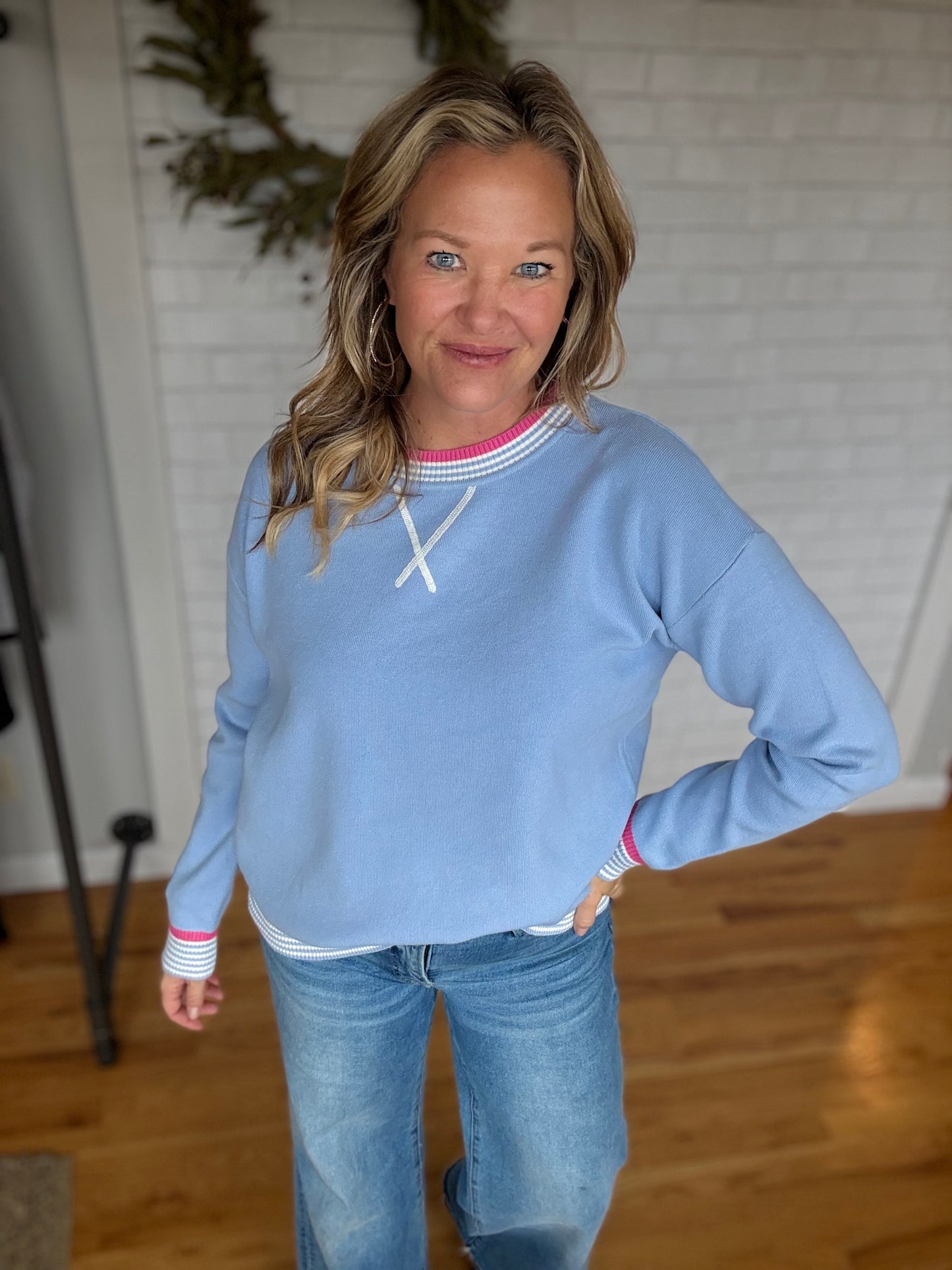 Varsity Trim Sweater - Light Blue