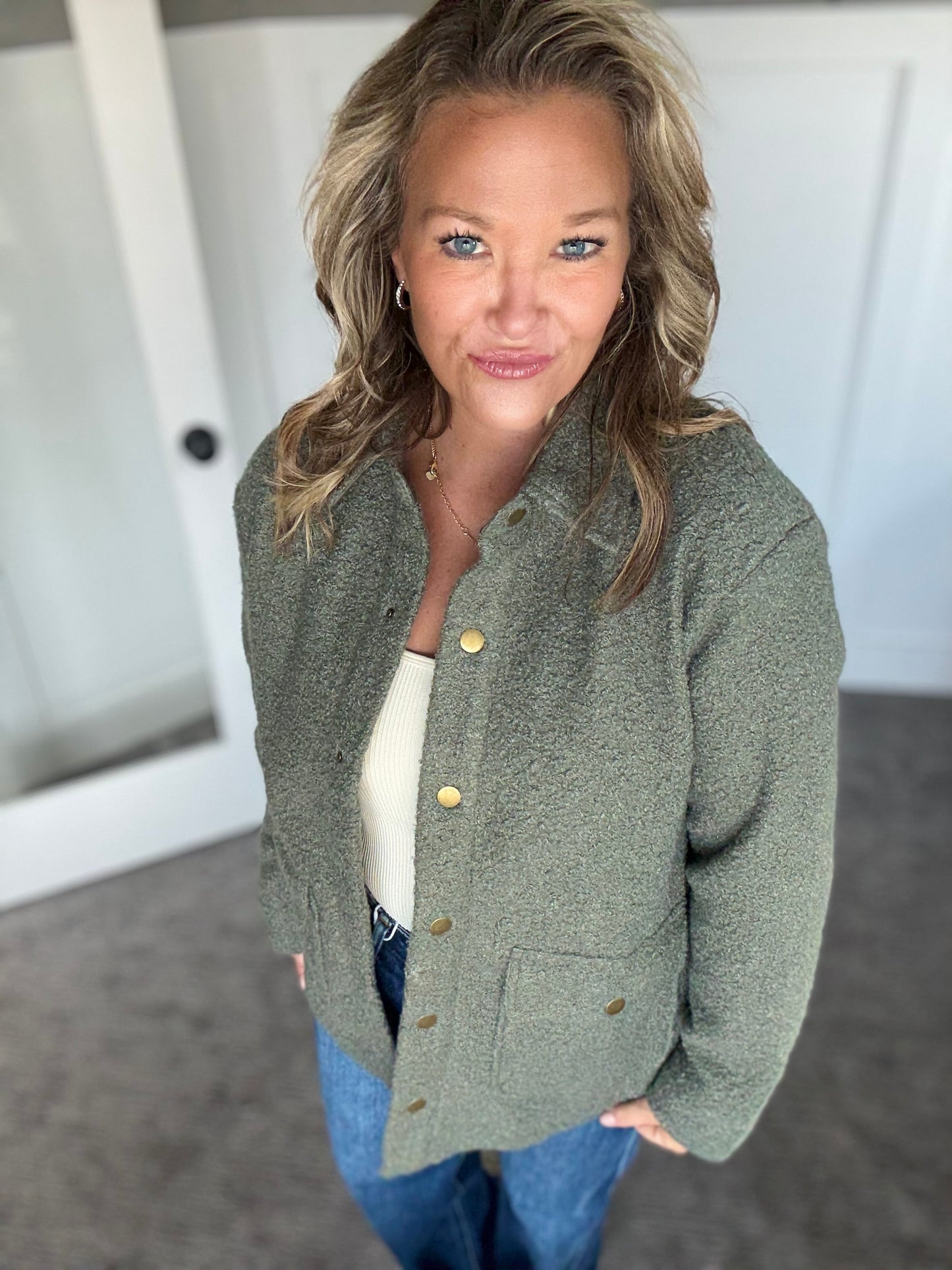 Teddy Jacket With Pockets- Cactus Green