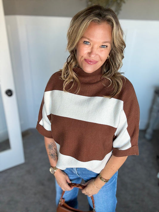 Mia Mock Neck Sweater -Brown Stripe