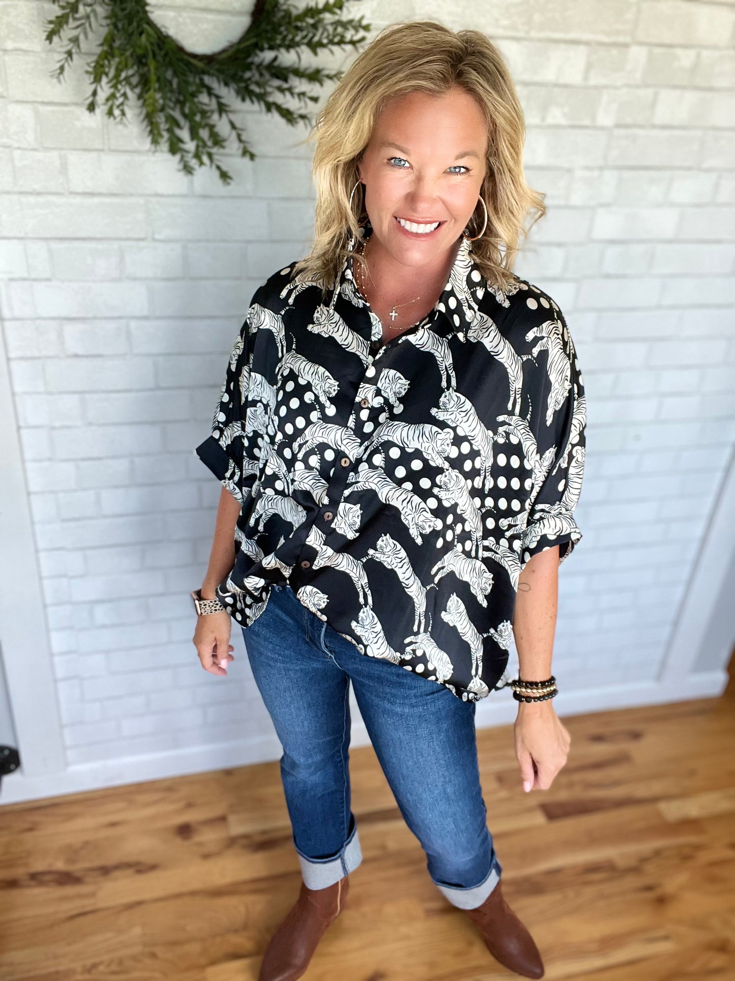 Tiger Button Down Top