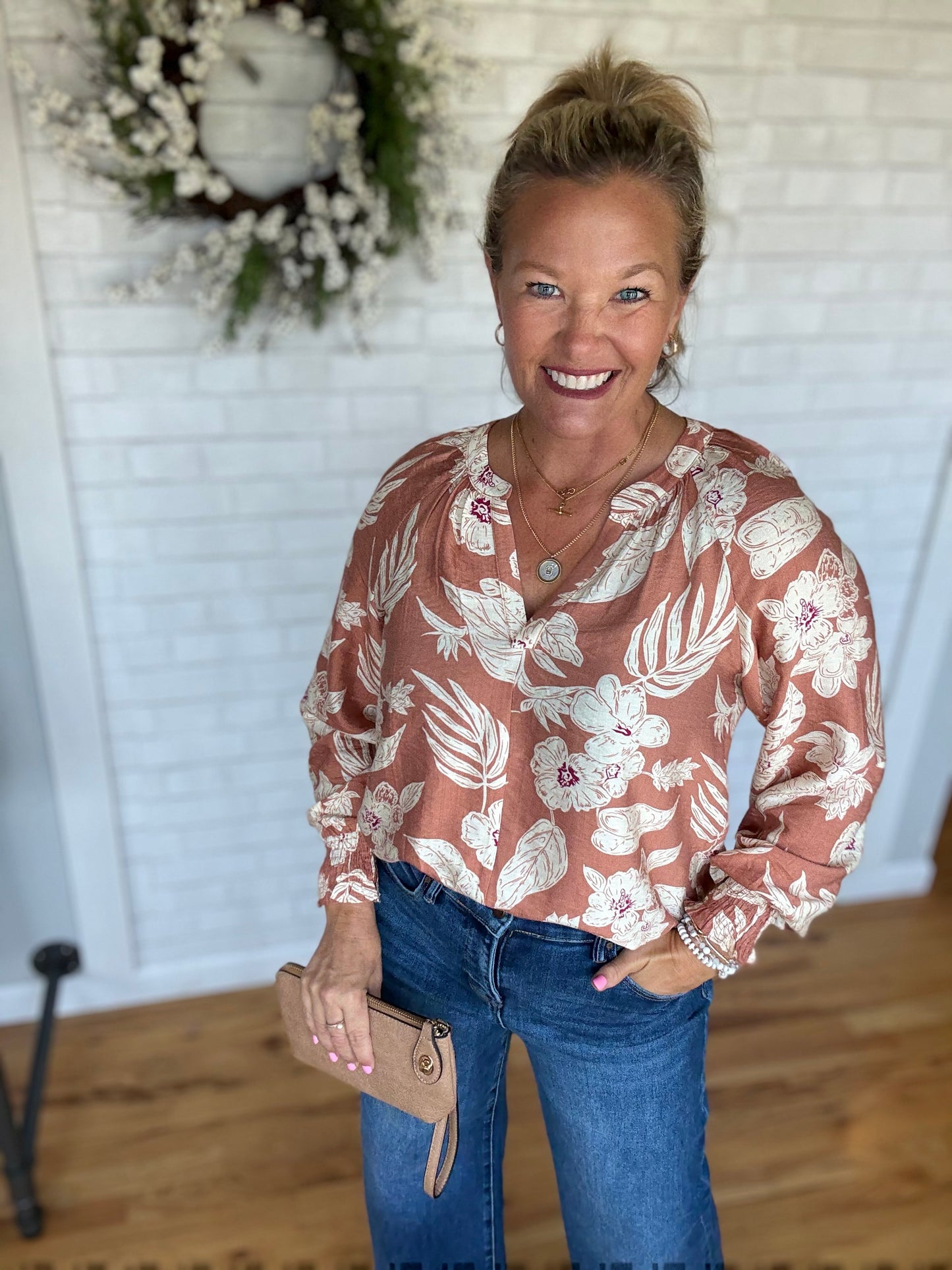 Gathered Back Floral Top - Coral
