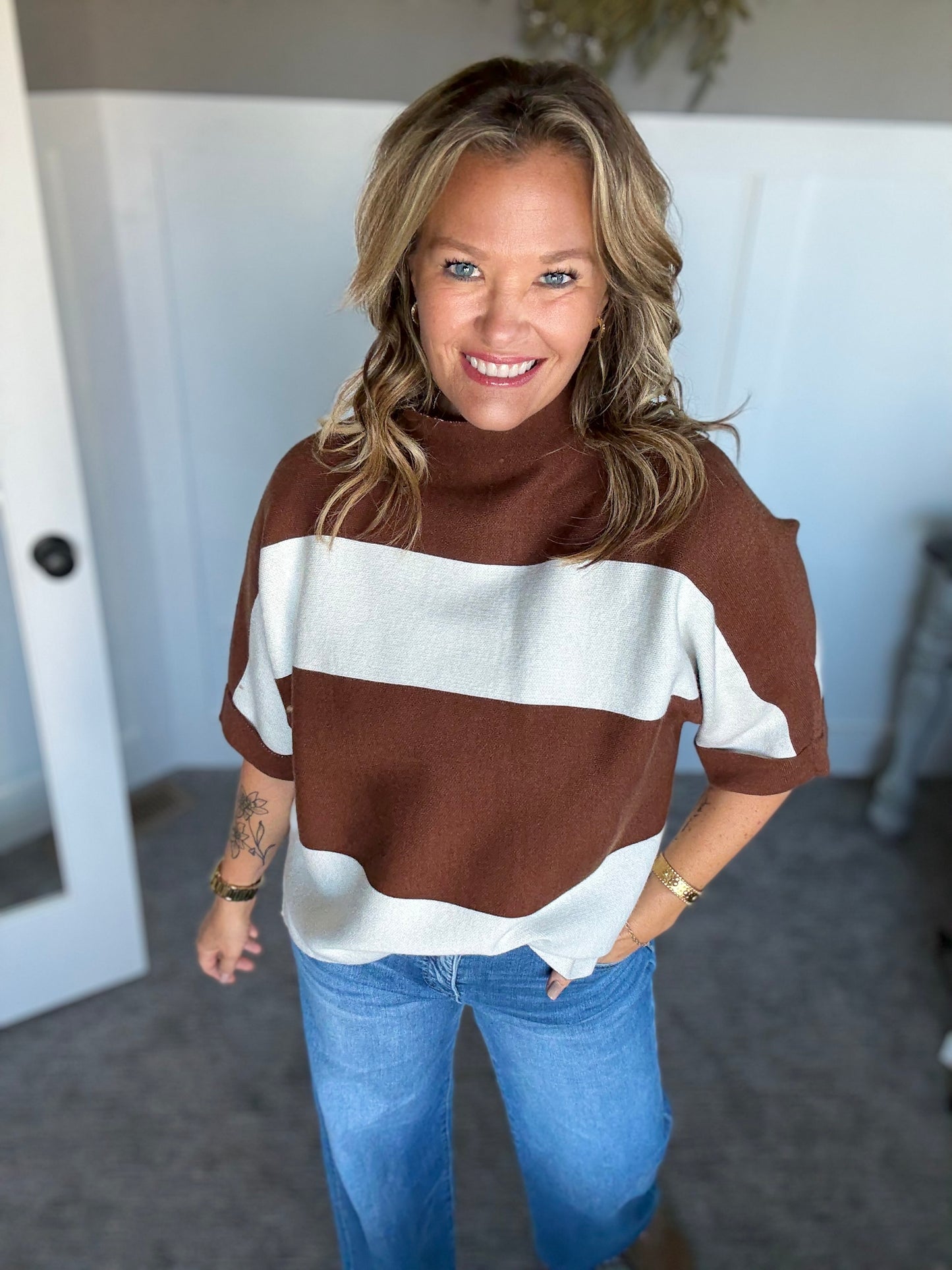 Mia Mock Neck Sweater -Brown Stripe
