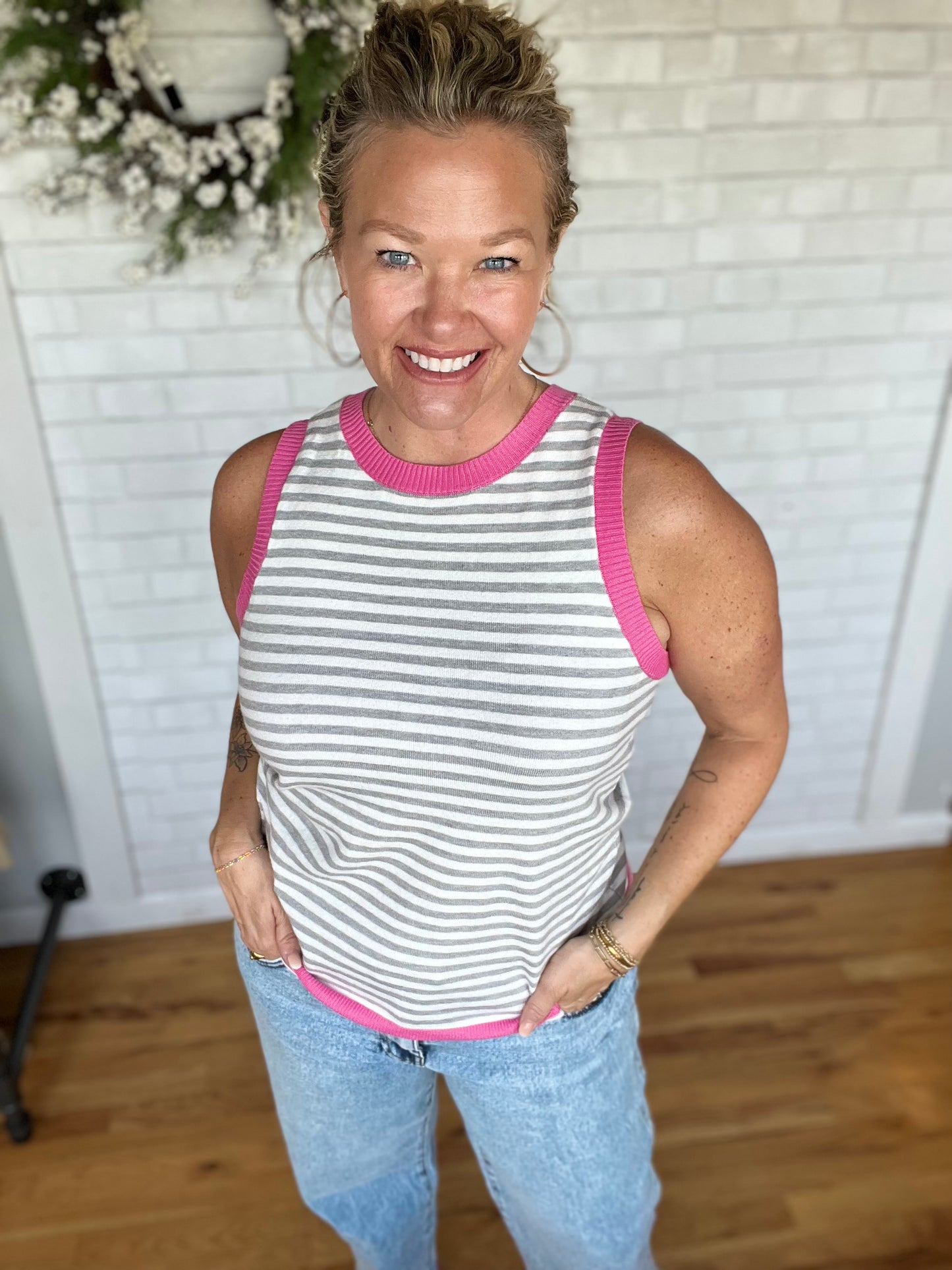 Color Tipped Tank - Fuschia/Grey