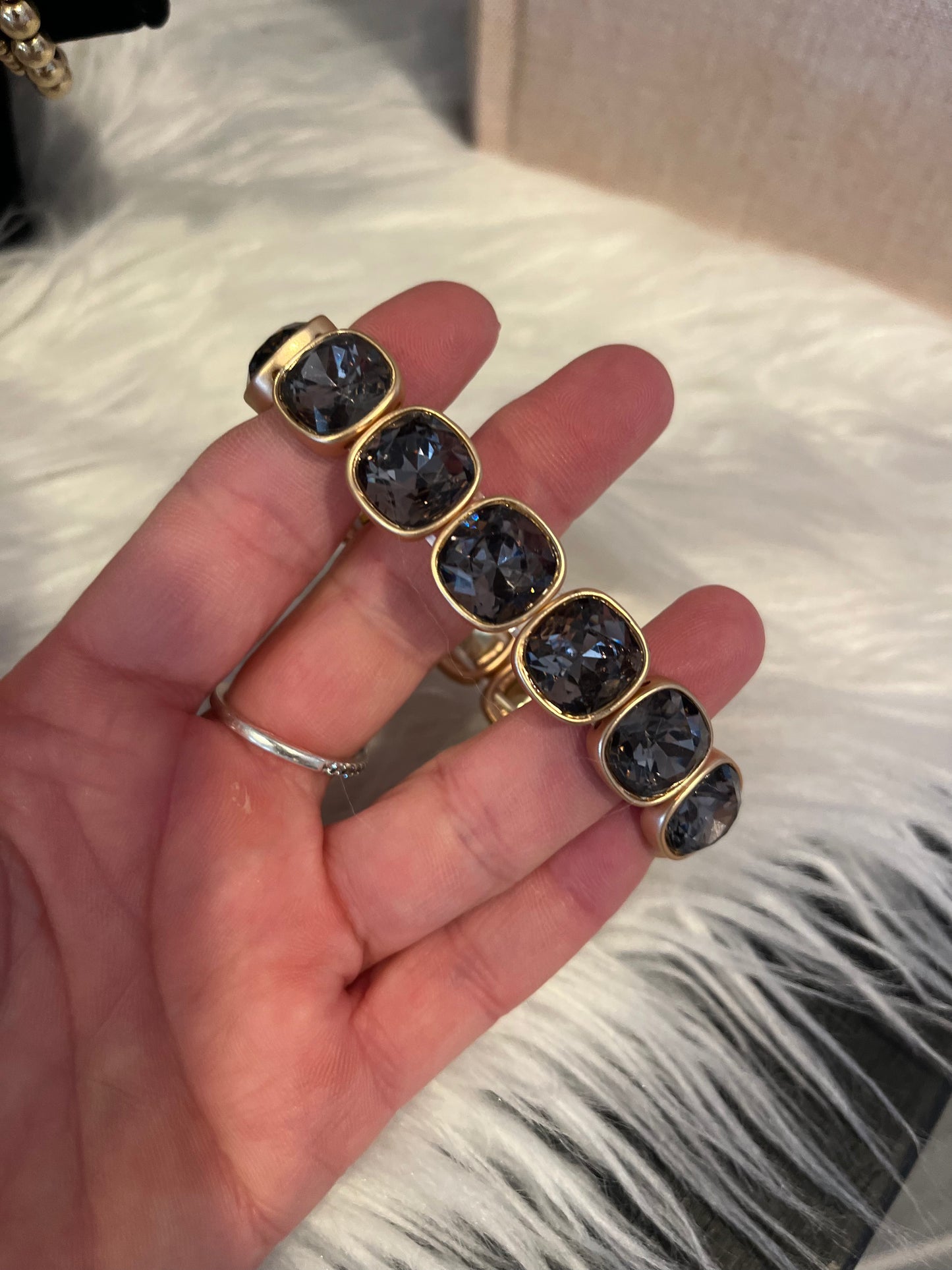 Black Squared Crystal and Gold Stretch Bracelet