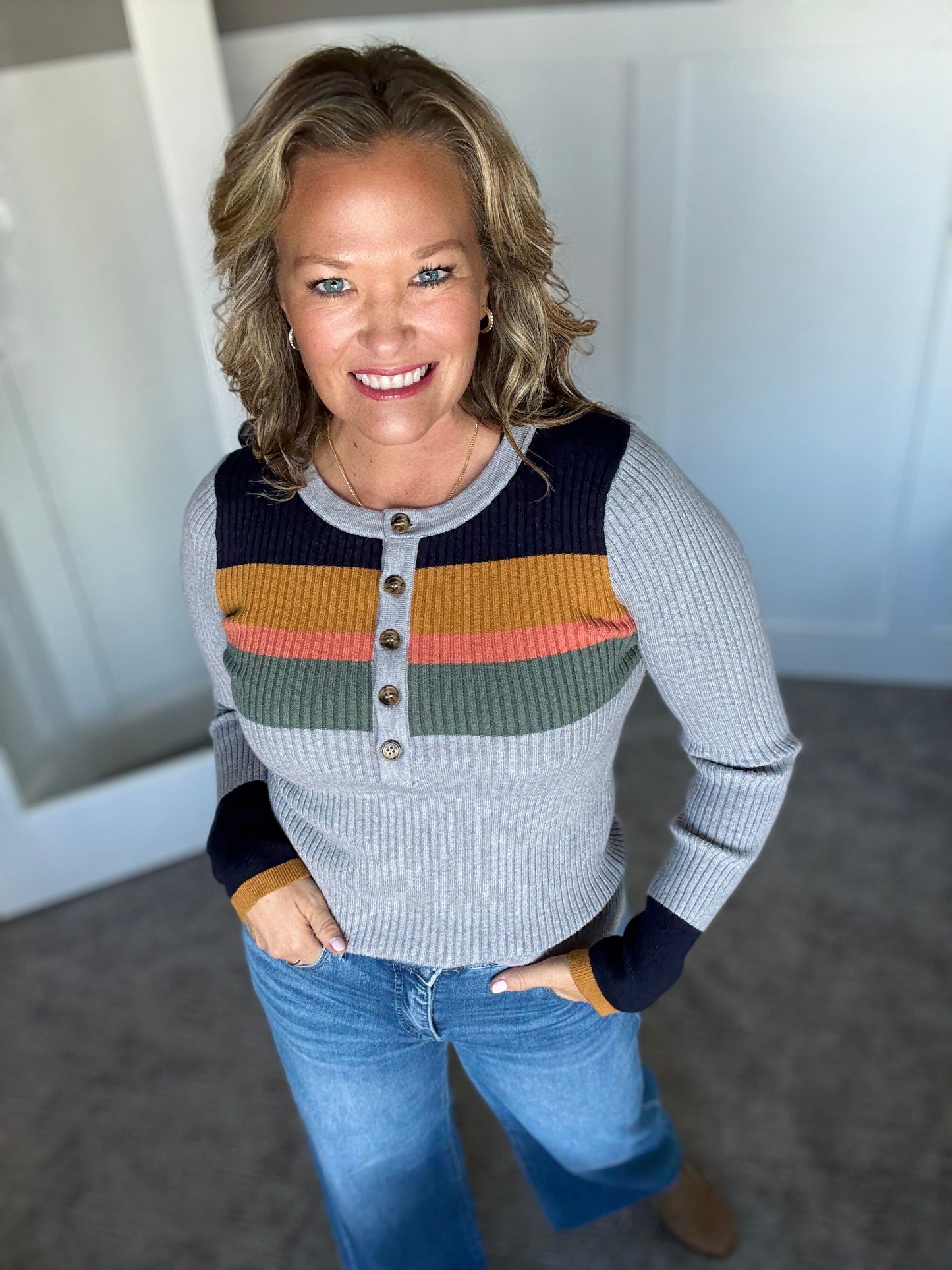 Color Block Ribbed Henley Sweater Top