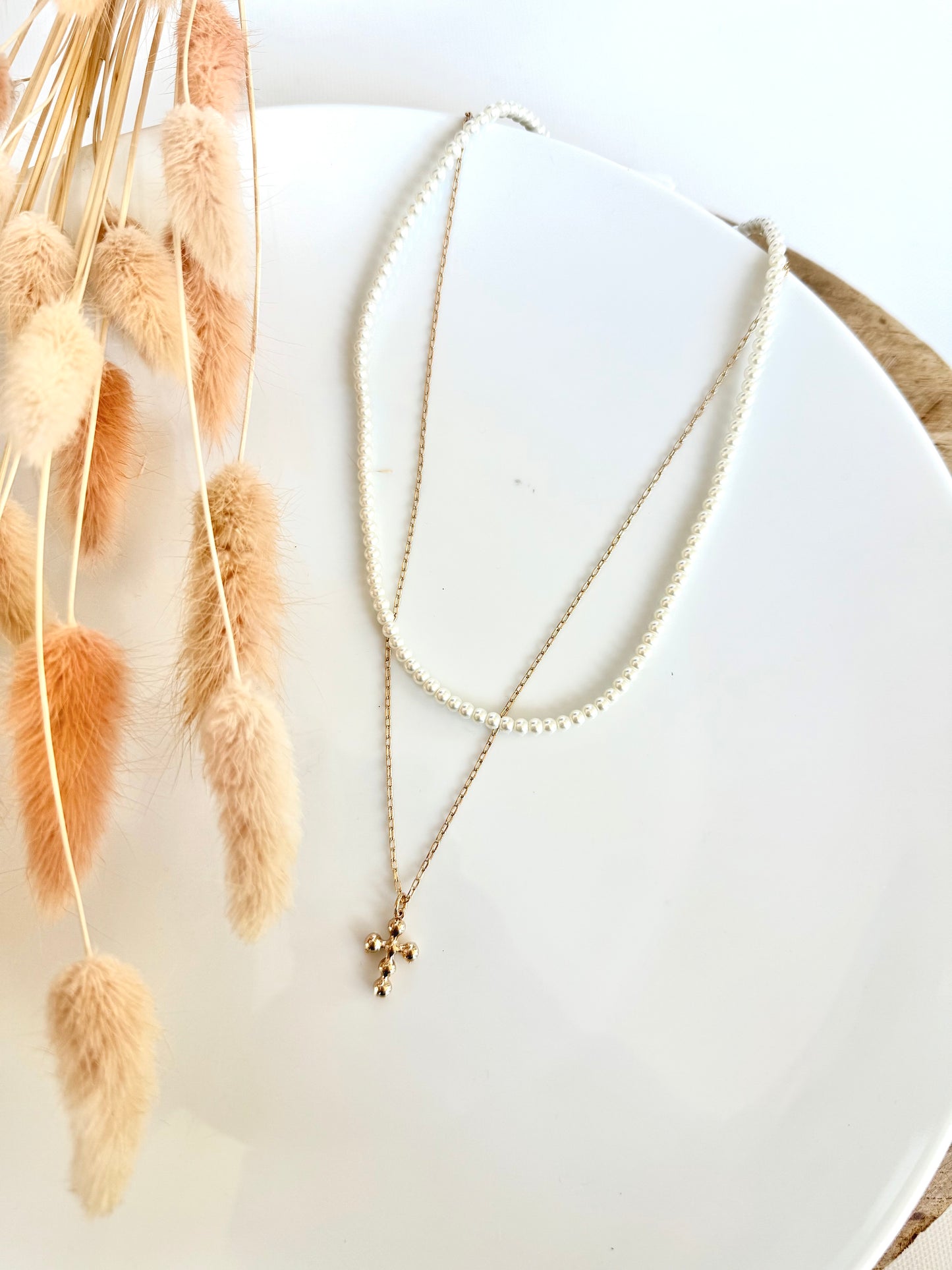 Pearl and Cross Layered Necklace