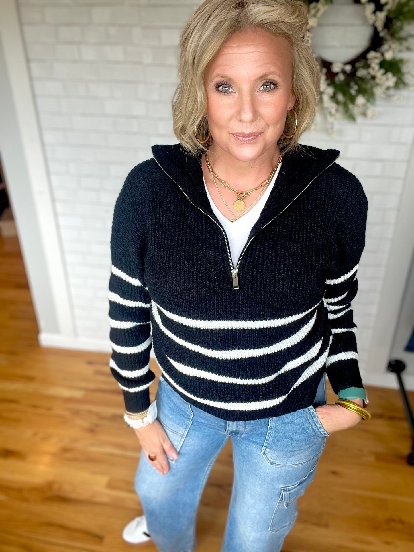 Striped Quarter Zip - Black