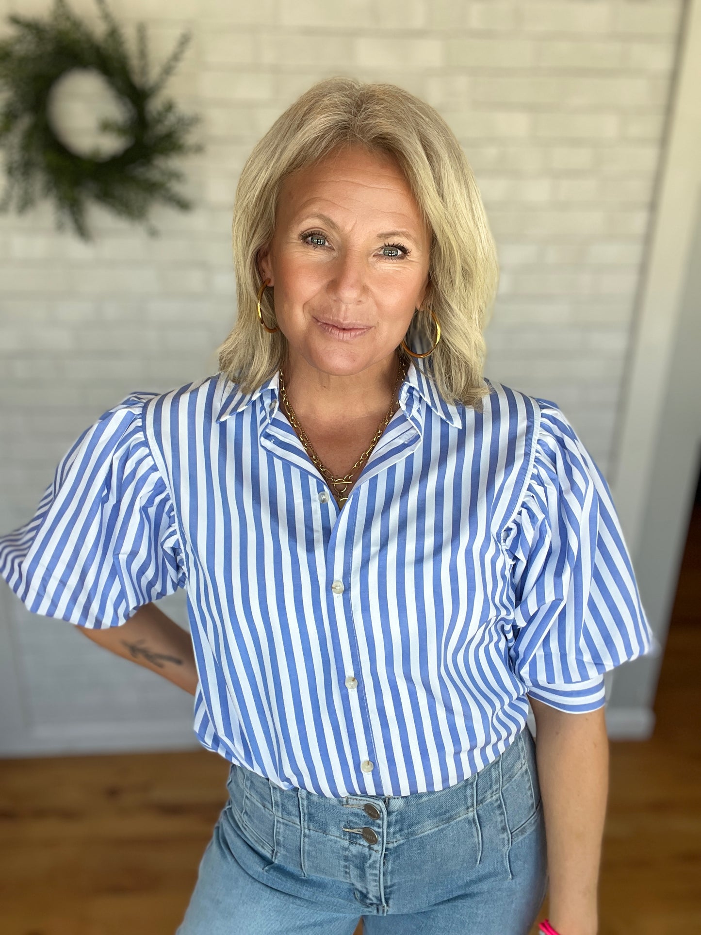 Chic Puff Sleeve Top- Blue Stripe