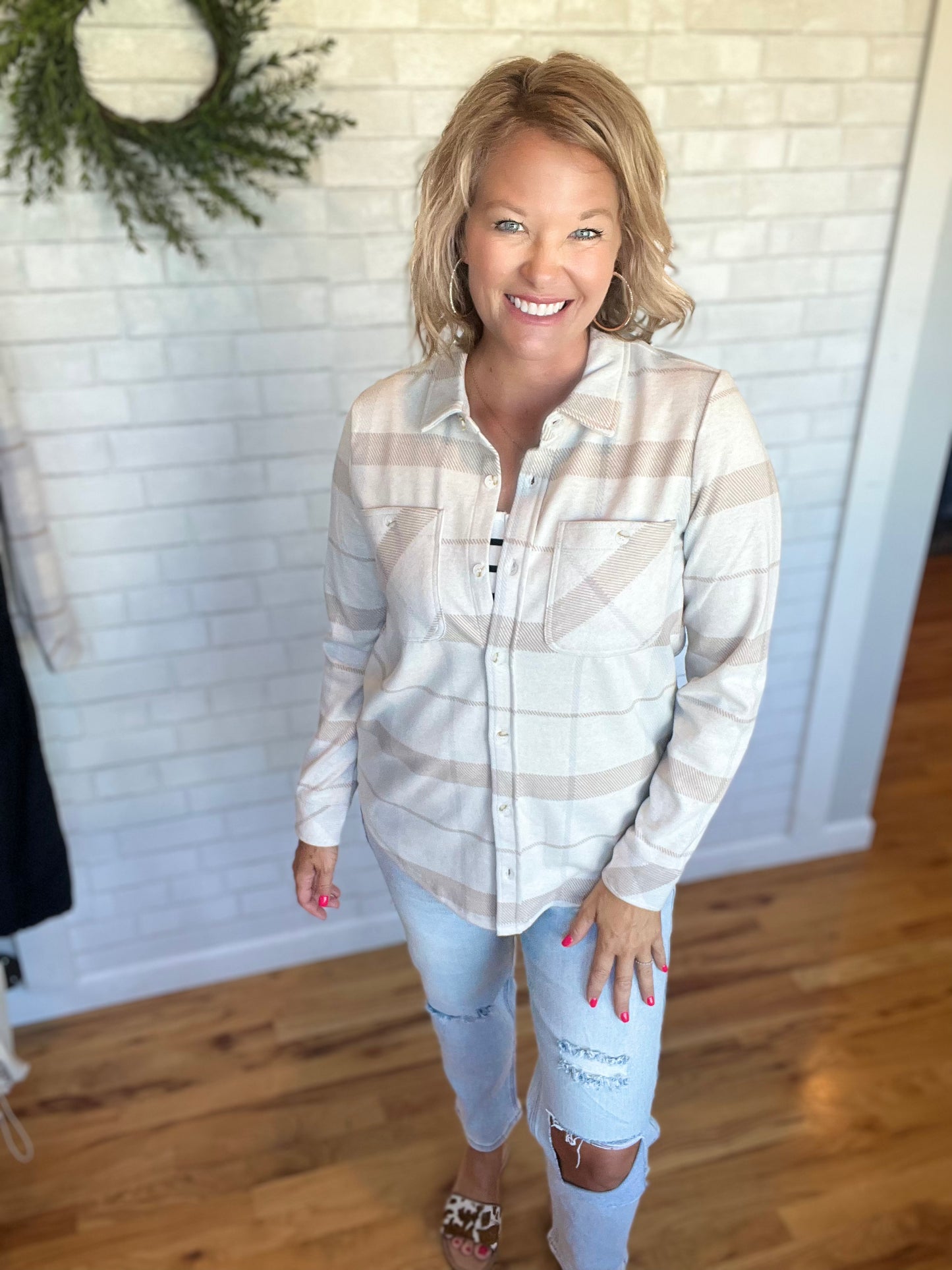 Lewis Shirt Jacket-Cream Taupe Plaid