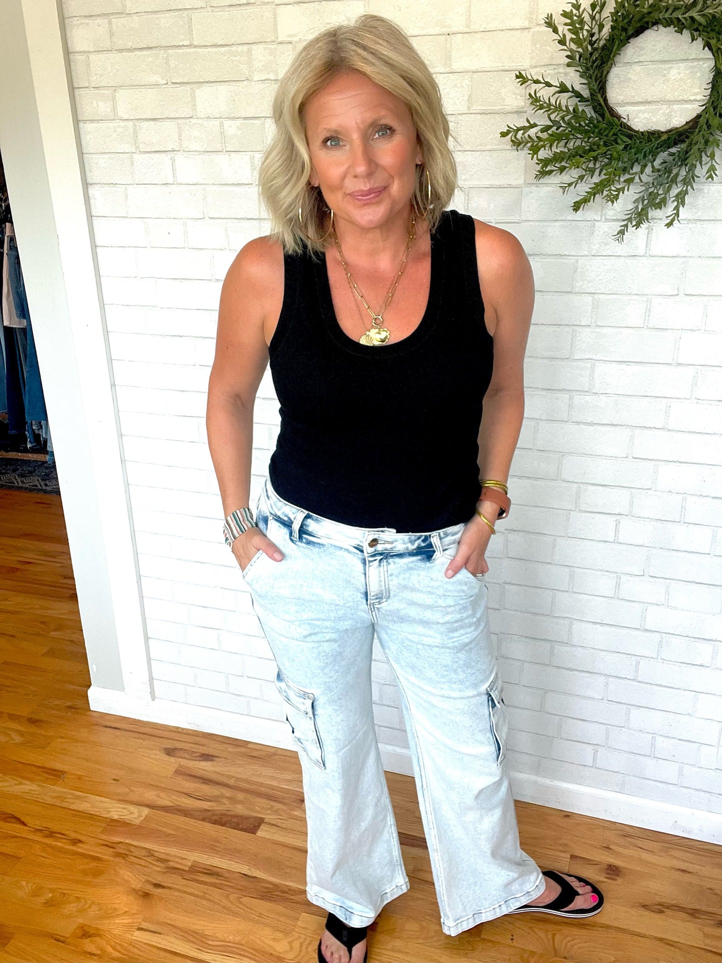 Wide Leg Cargo Jeans by Risen - Light Wash