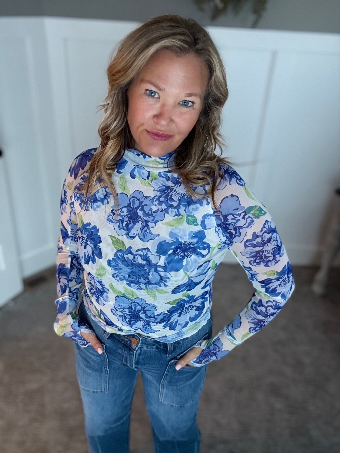 Floral Mesh Top - Blue - A Bushel & A Peck