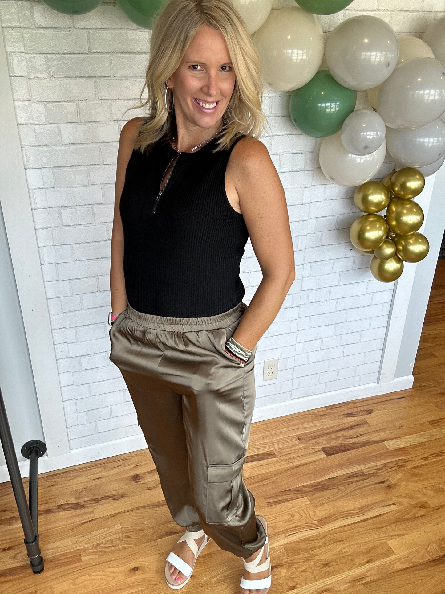 Satin Cargo Joggers - Olive