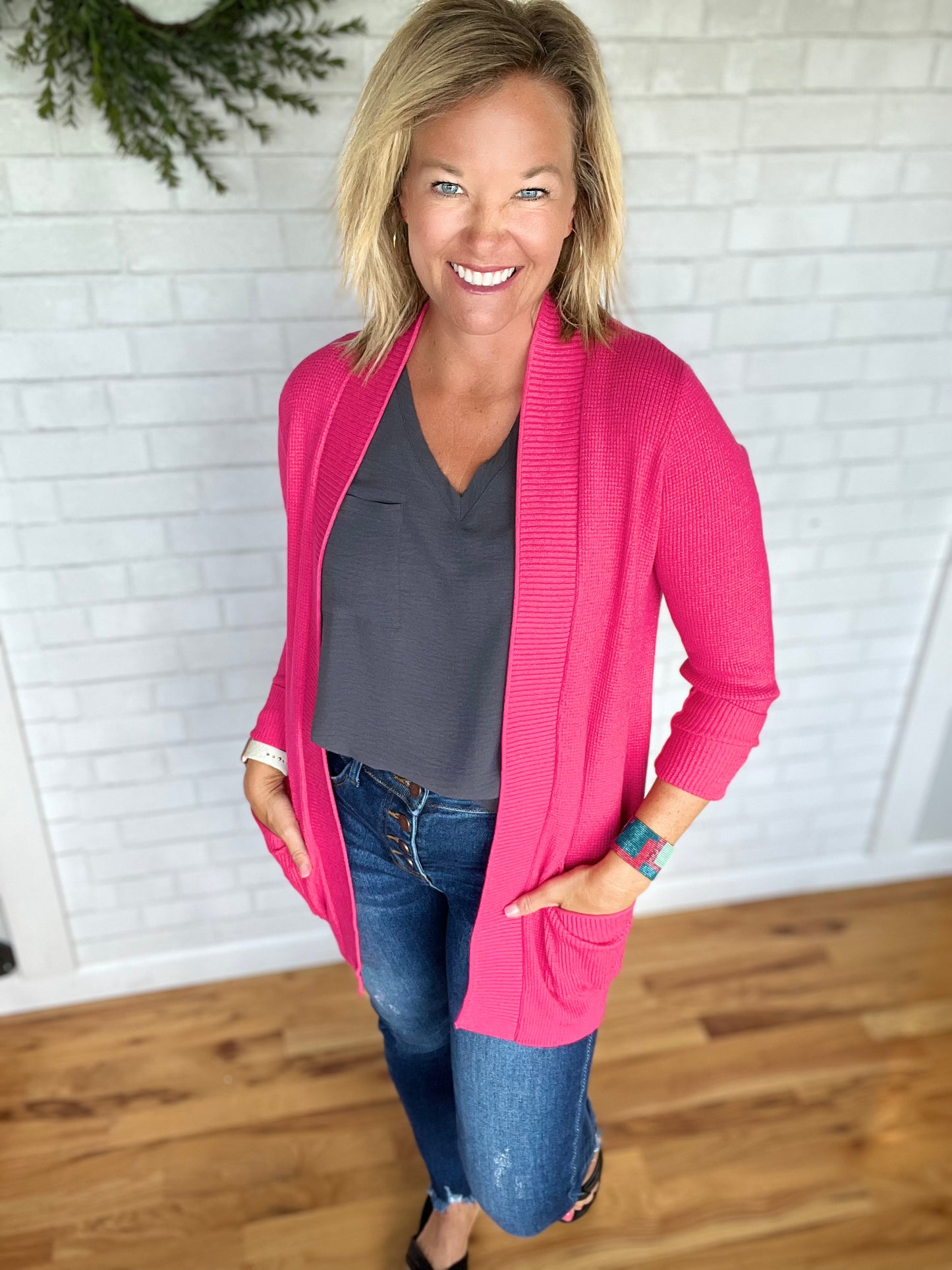 Waffle Cardi - Hot Pink