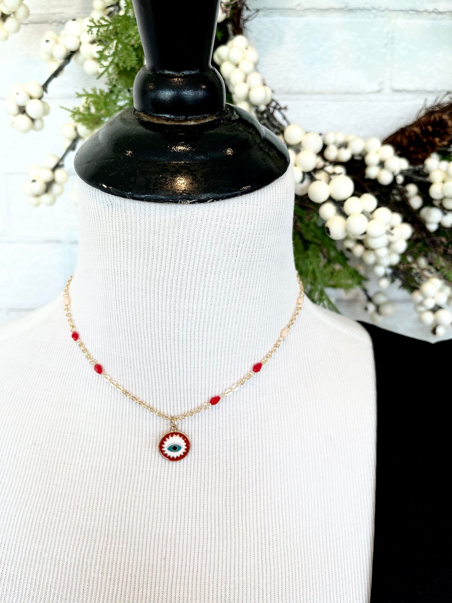 18" Gold & Beaded Necklace w/Evil Eye Pendant
