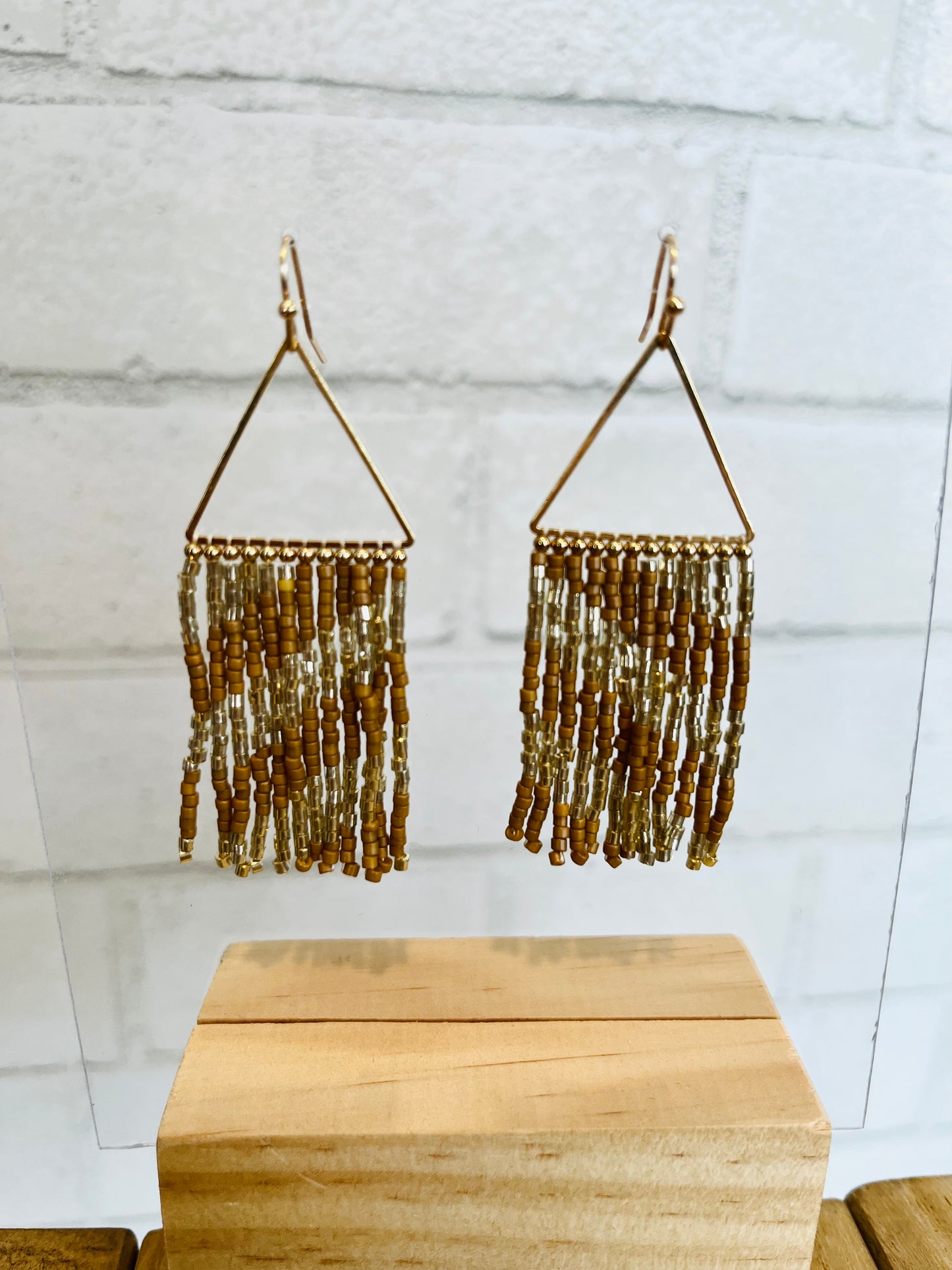 Triangle W/Gold Seed Bead Tassel 2" Earring