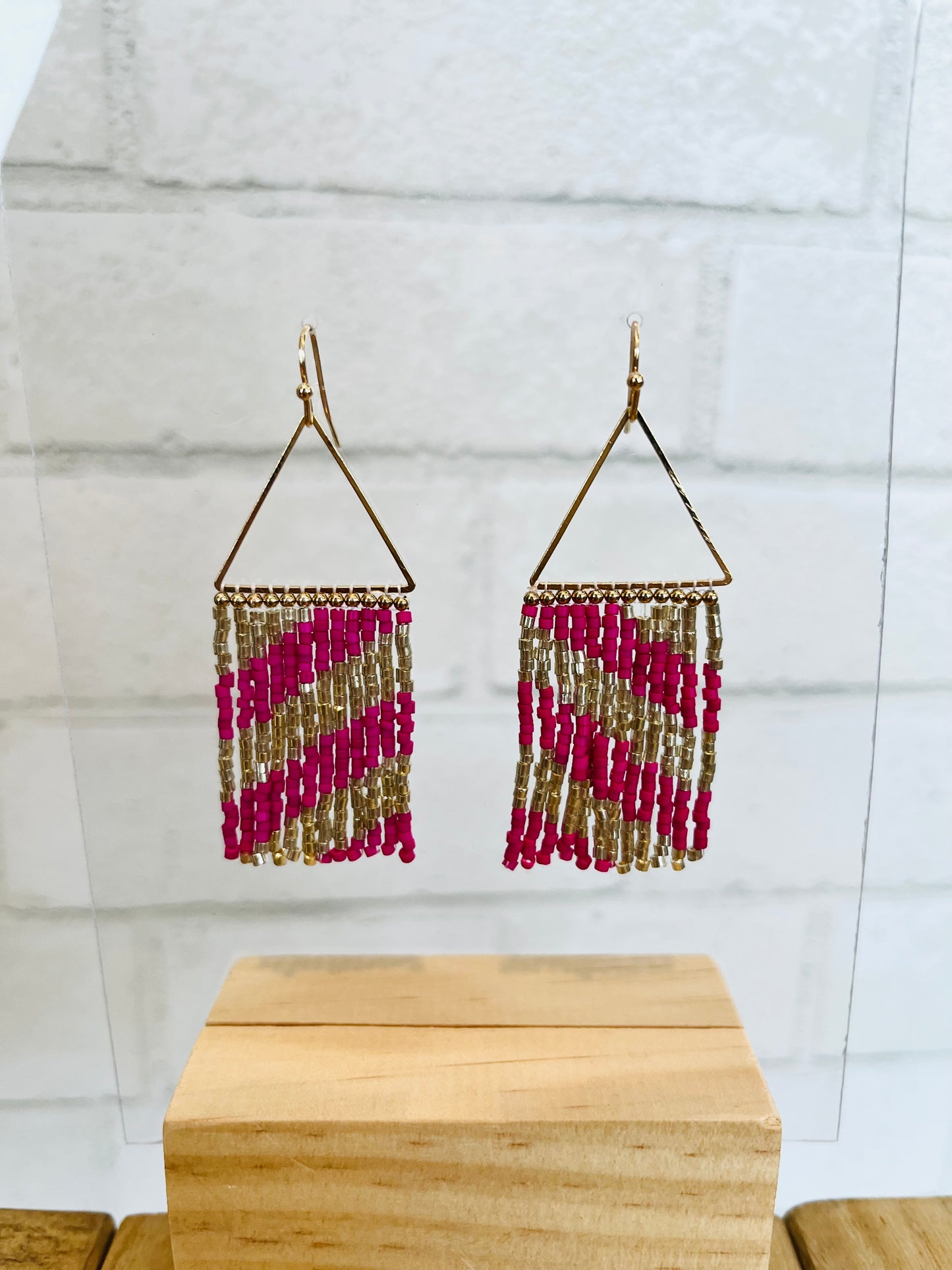 Triangle W/Gold Seed Bead Tassel 2" Earring