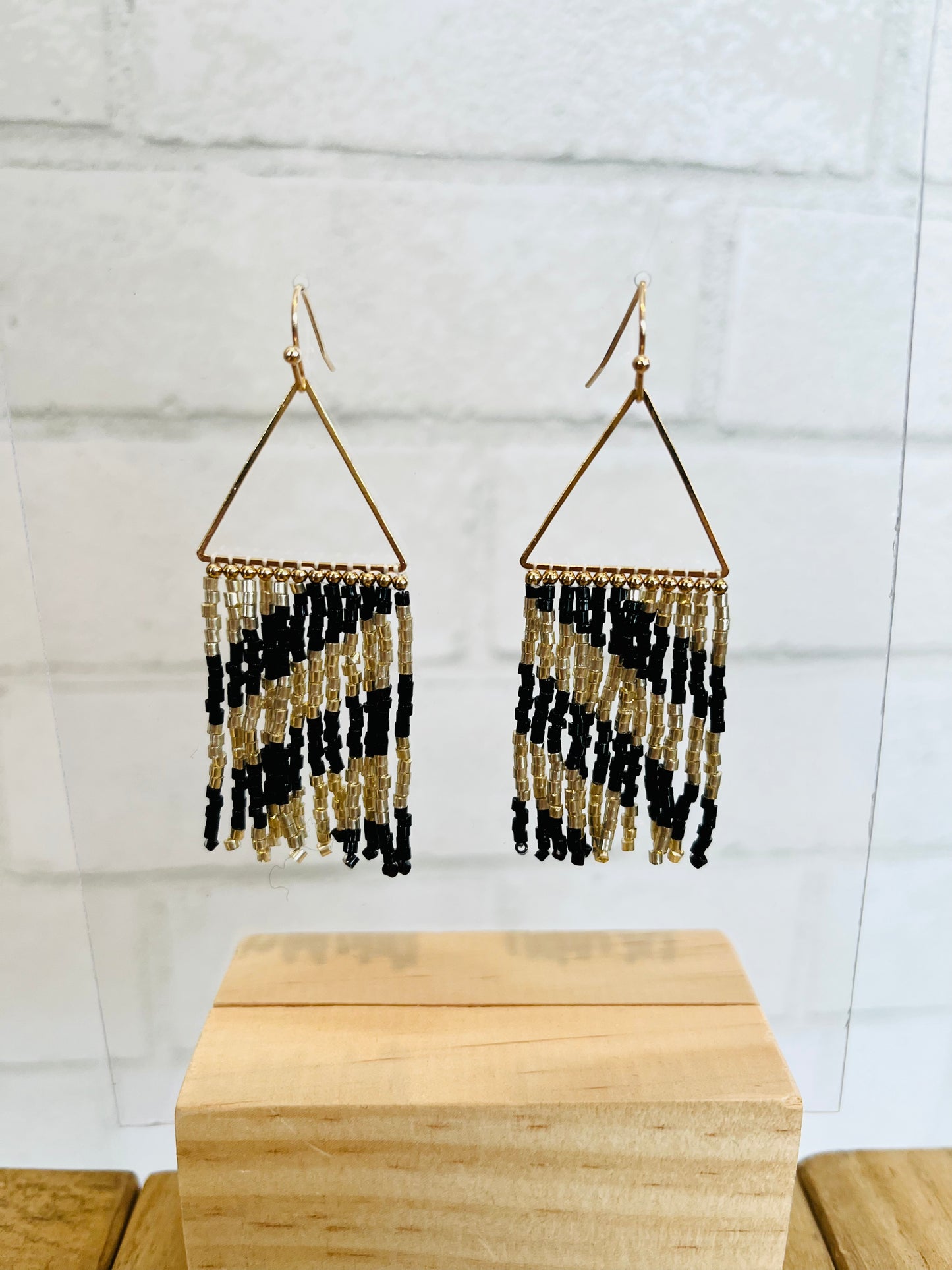 Triangle W/Gold Seed Bead Tassel 2" Earring