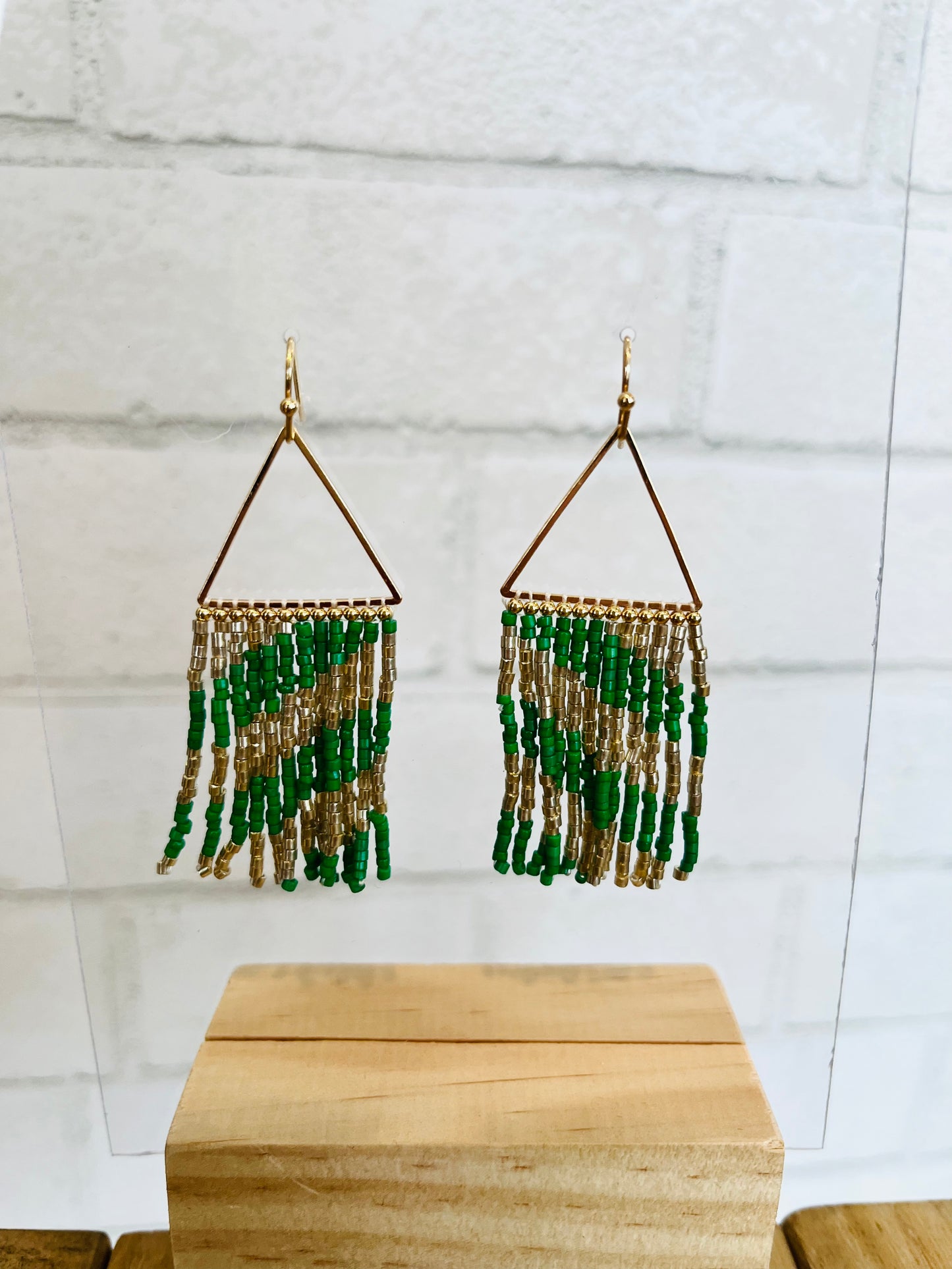 Triangle W/Gold Seed Bead Tassel 2" Earring