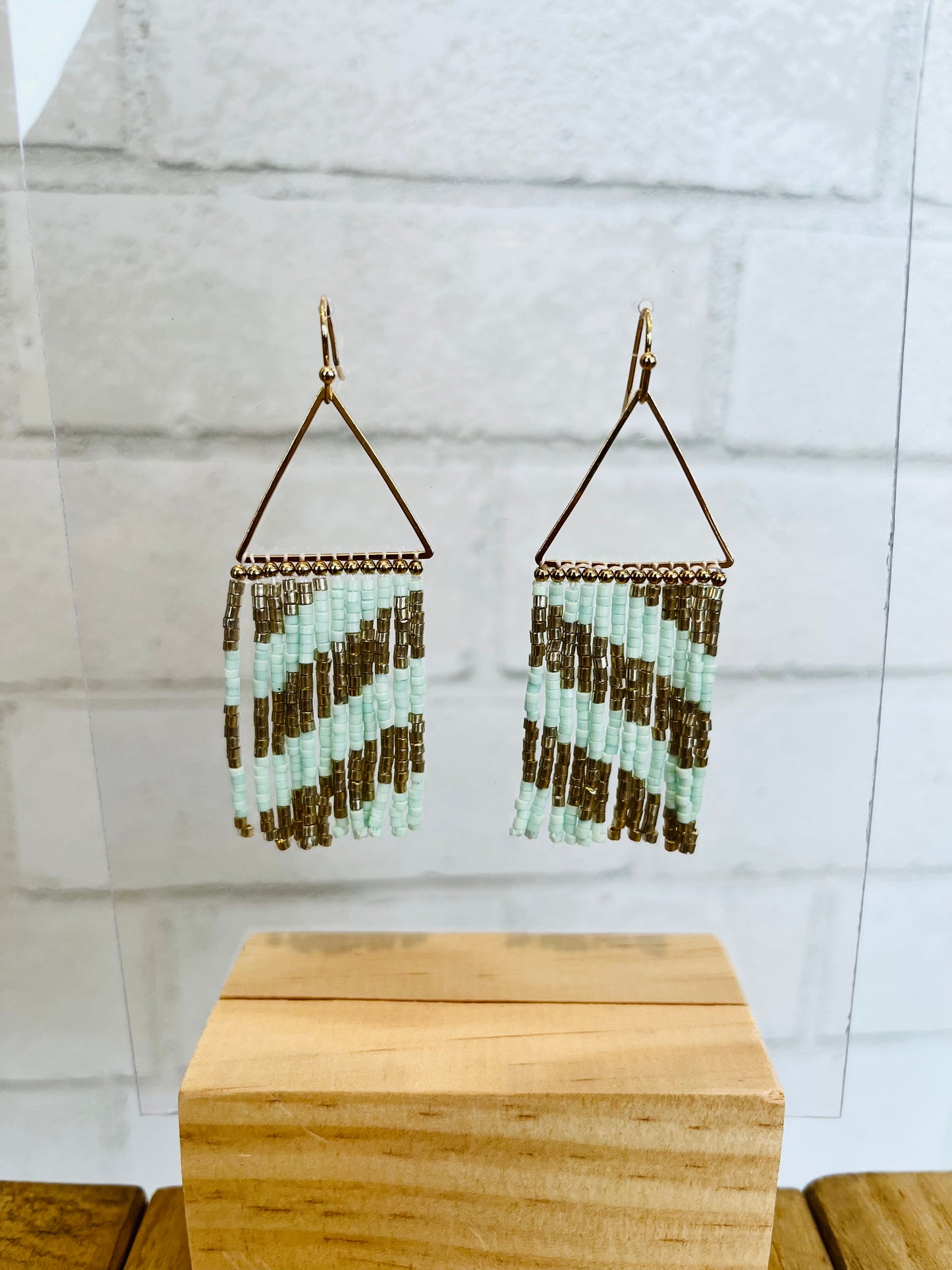 Triangle W/Gold Seed Bead Tassel 2" Earring