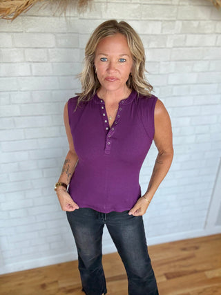 Hadley Henley Tank Top - Purple Iris
