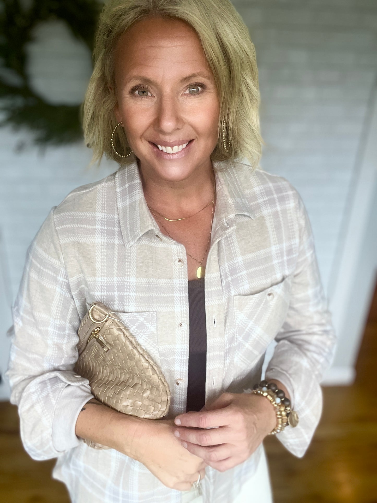Super Soft Button Up - Tan, Mauve, & White