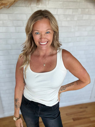 Square Neck Ribbed Tank Top - Vanilla