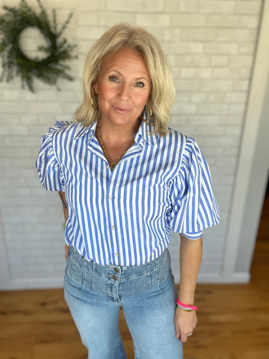 Chic Puff Sleeve Top- Blue Stripe