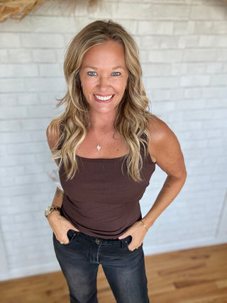 Square Neck Ribbed Tank Top - Coffee Bean