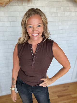 Hadley Henley Tank Top - Coffee Bean