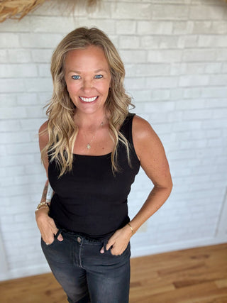 Square Neck Ribbed Tank Top - Black
