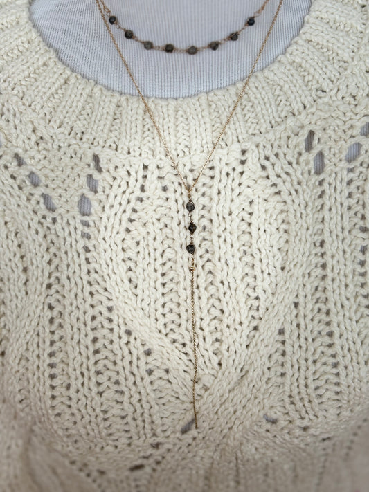 Gold & Gray Beaded Lariat Necklace