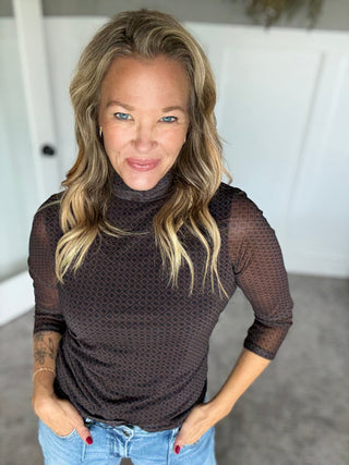 3/4 Sleeve Mesh Mock Neck - Espresso - A Bushel & A Peck