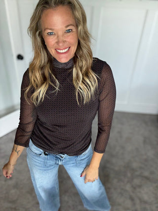 3/4 Sleeve Mesh Mock Neck - Espresso - A Bushel & A Peck