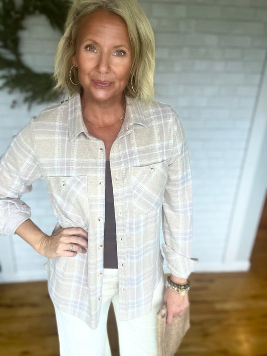 Super Soft Button Up - Tan, Mauve, & White