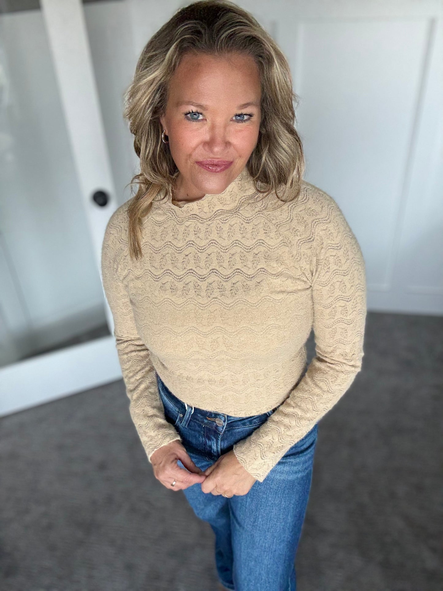 Mock Neck Lace Top - Beige