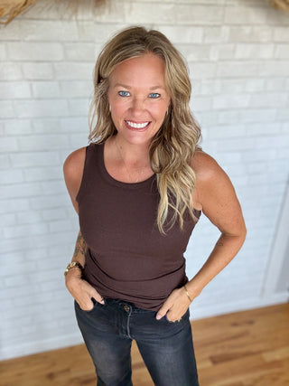 Ella Ribbed Tank Top - Coffee Bean