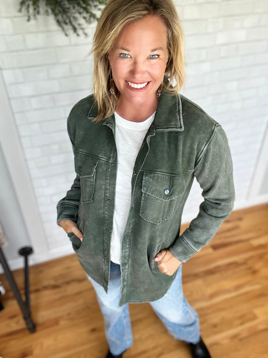 Willetta Mineral Washed Shacket - Forest