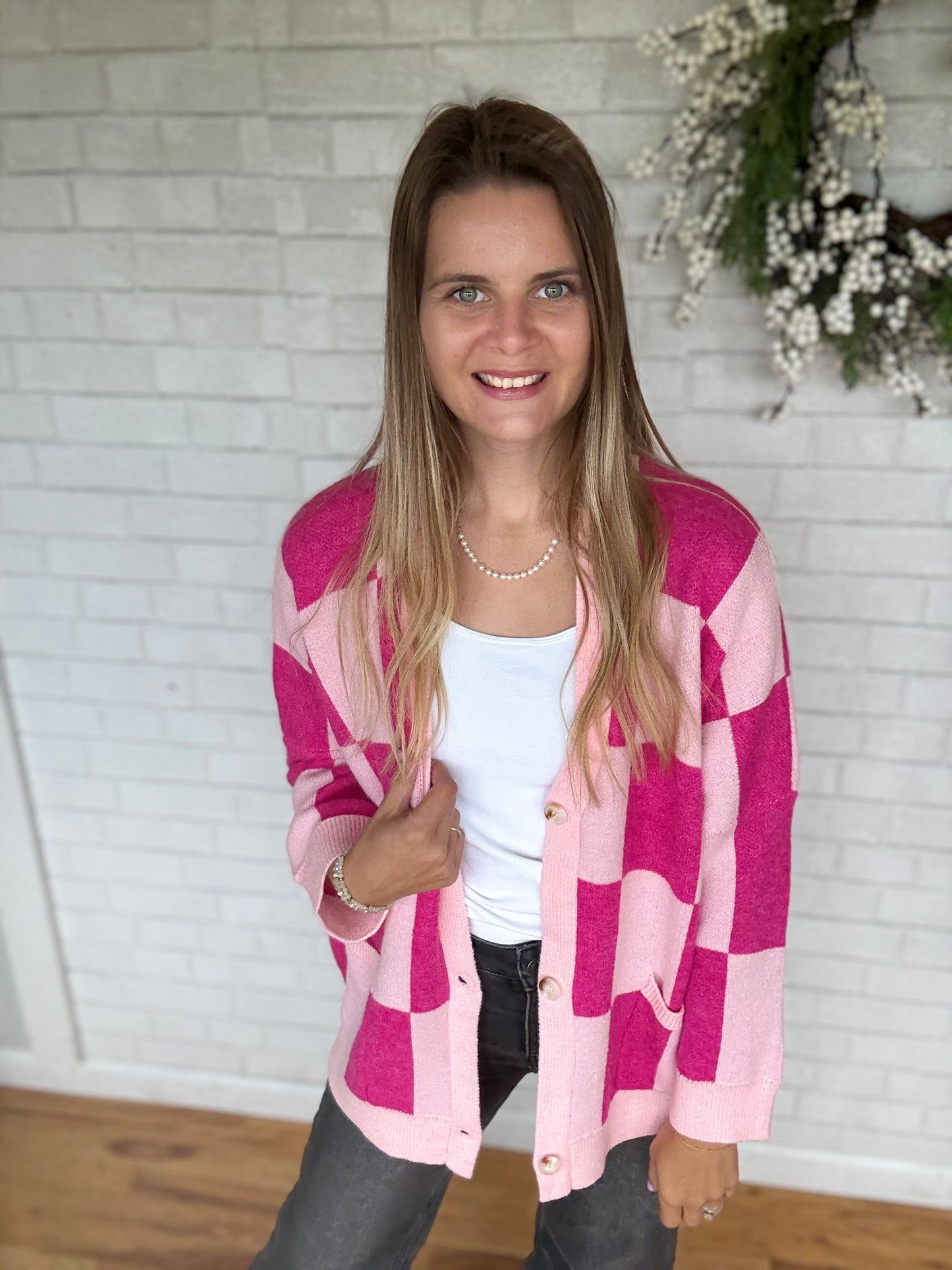 Checkered Cardigan- Pink