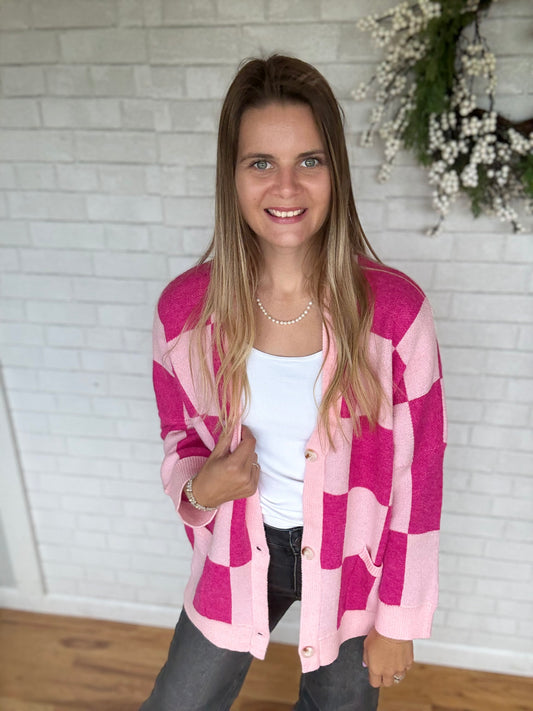 Checkered Cardigan- Pink