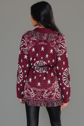Bandana Fringe Cardigan - Burgundy