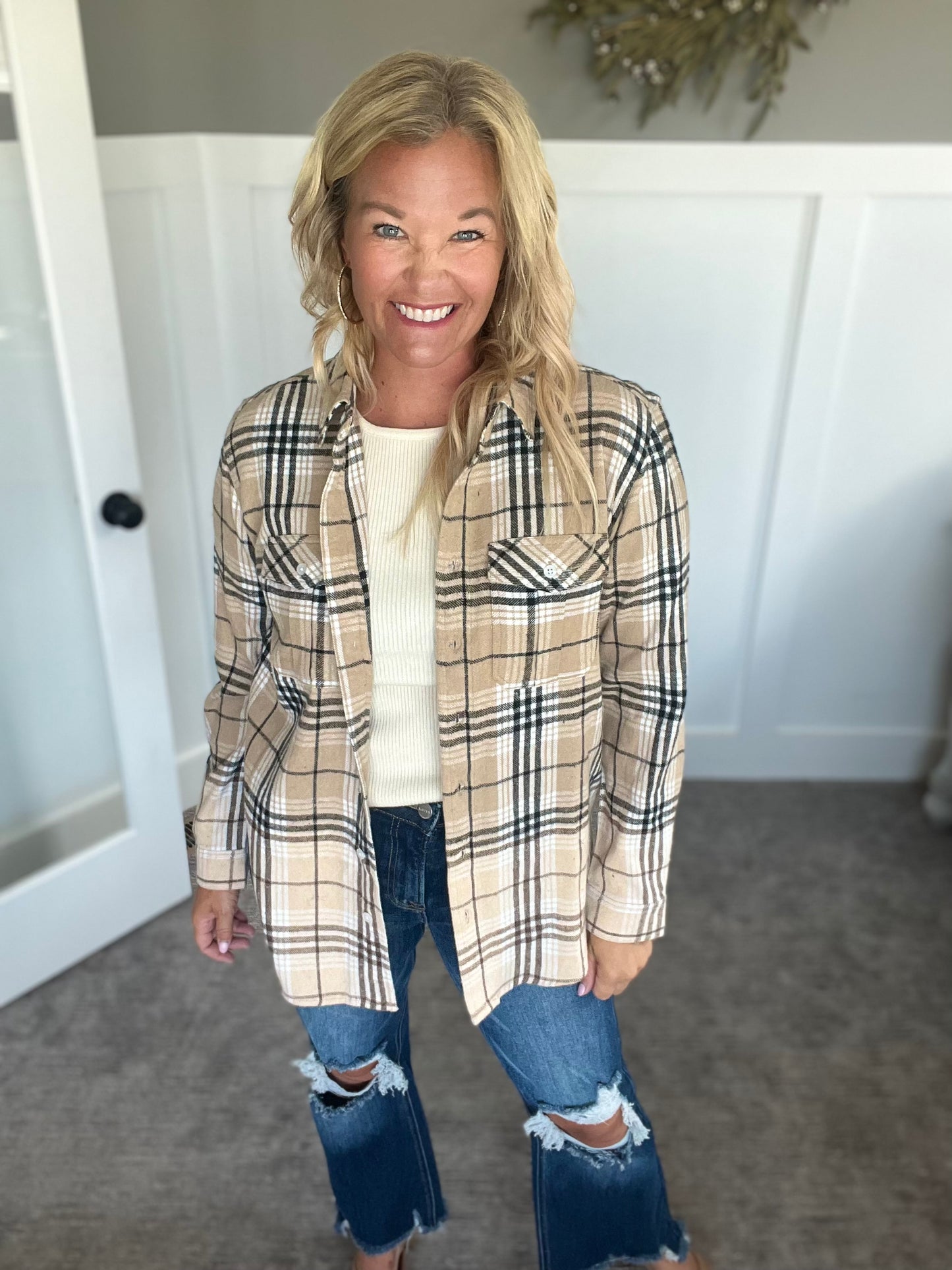 Plaid Flannel - Tan/Blk/White