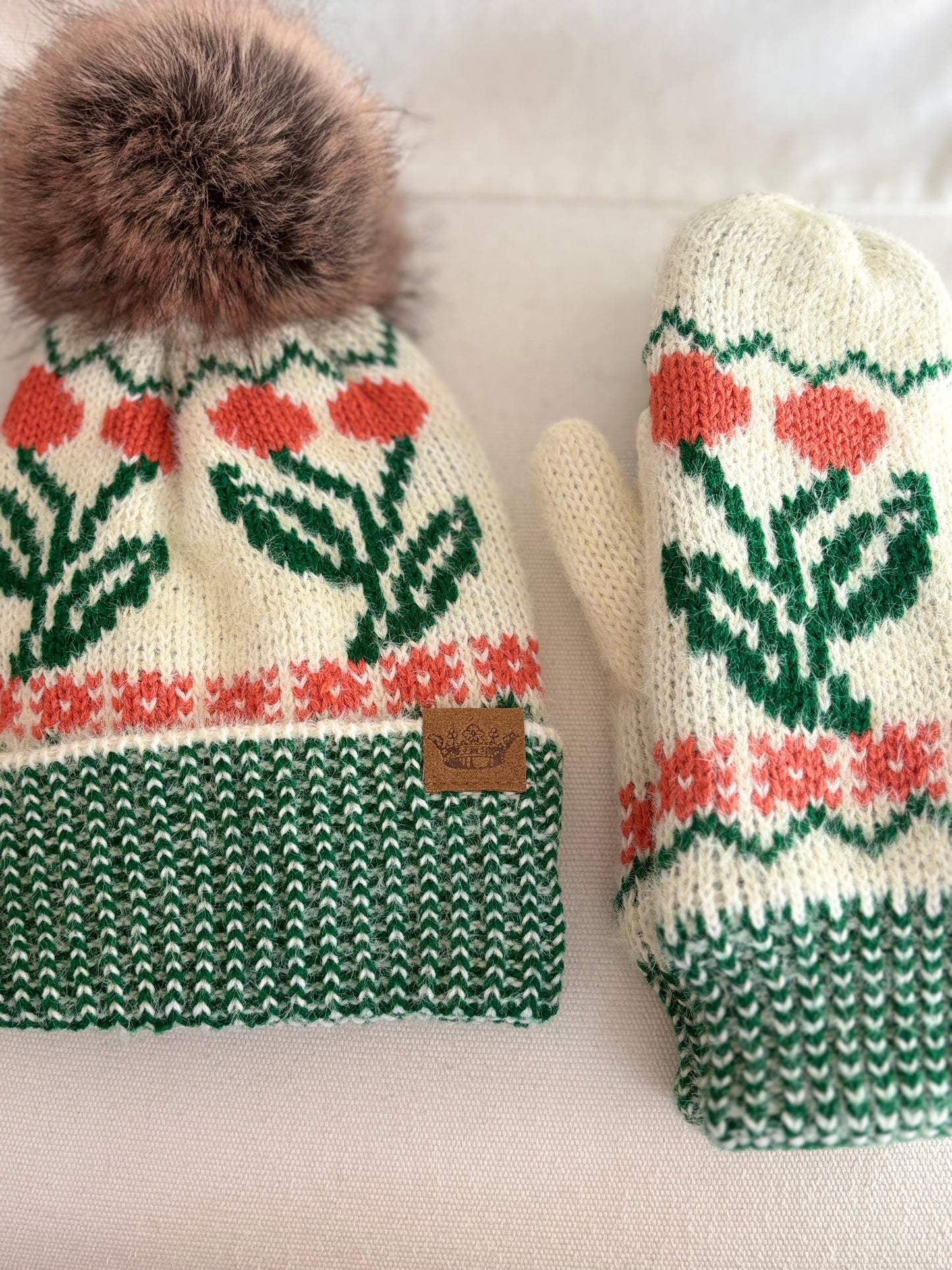 Cherry Patterned Knit Mittens